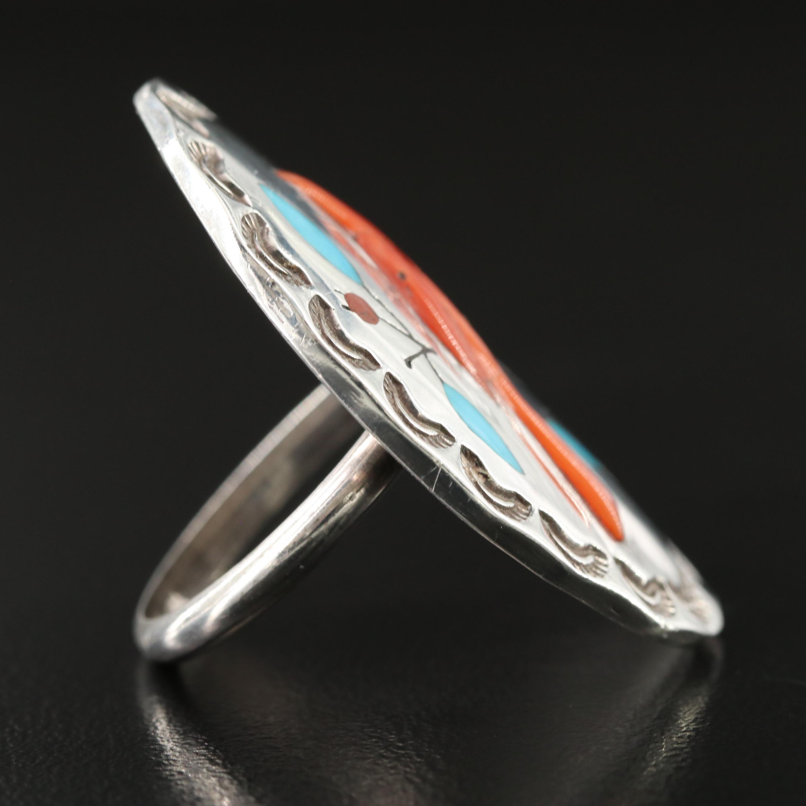 Roland Eustace Zuni Sterling Coral and Turquoise Gemstone Inlay Cardinal Ring