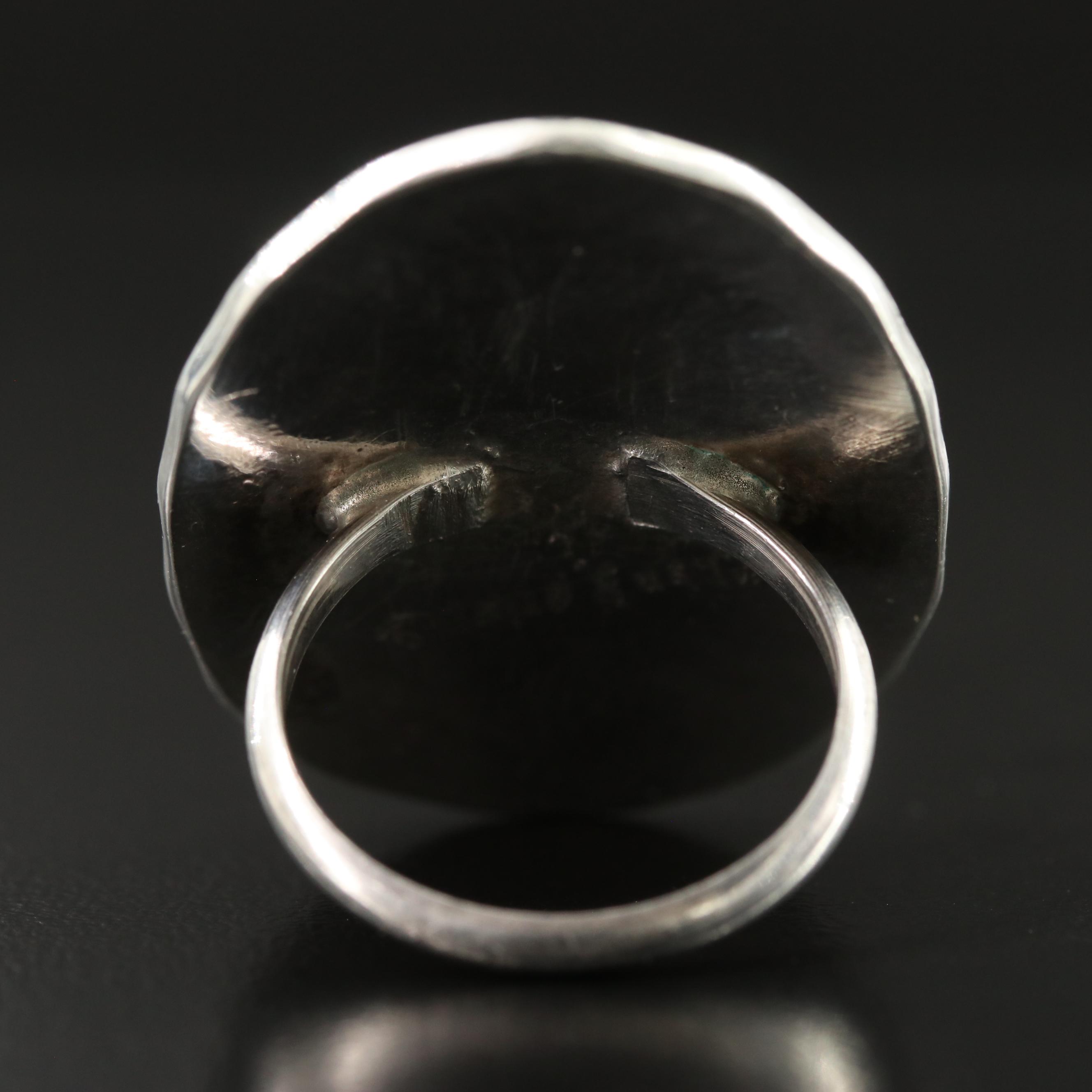 Roland Eustace Zuni Sterling Coral and Turquoise Gemstone Inlay Cardinal Ring