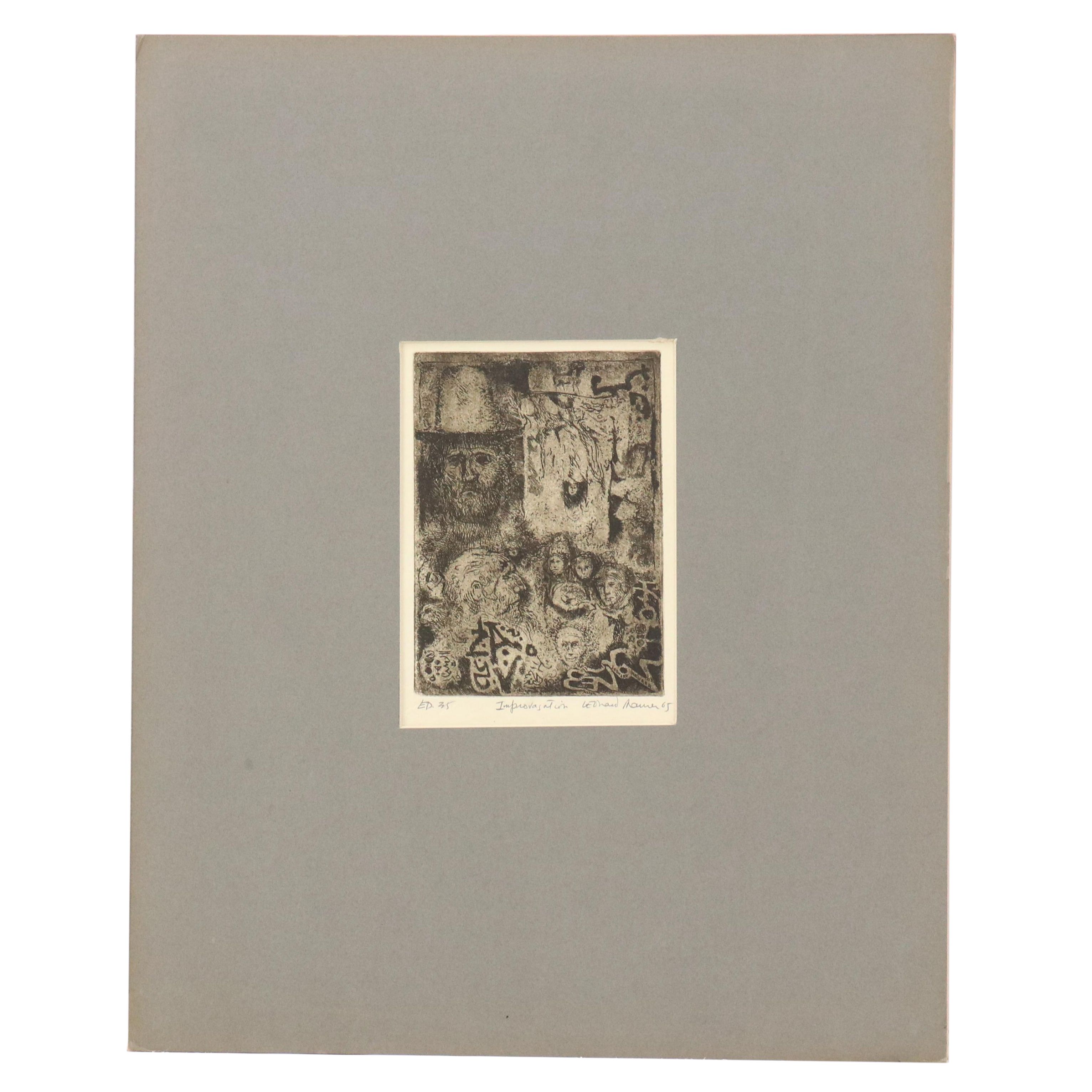 Leonard Maurer Modernist Etching "Improvisation," 1965