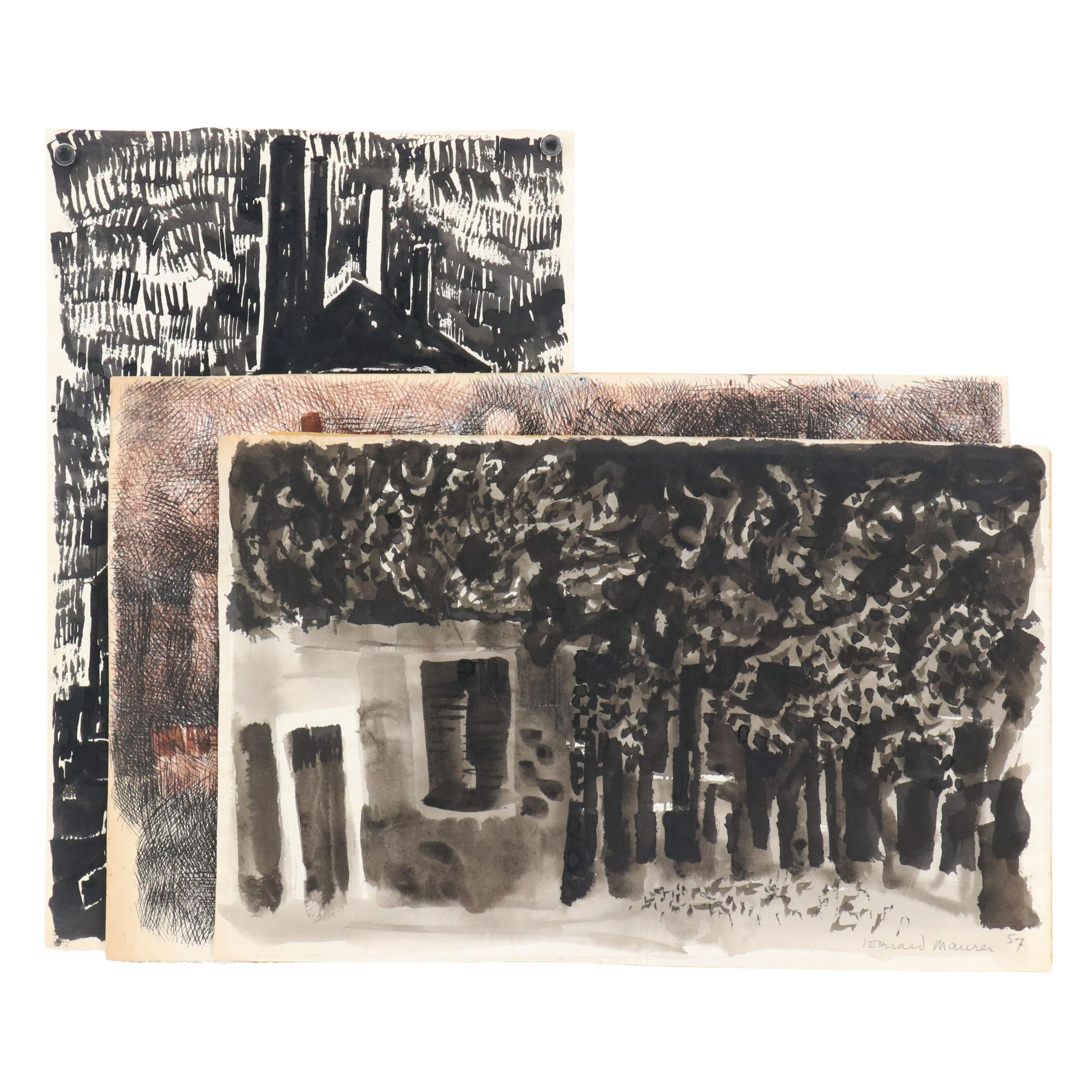 Leonard Maurer Abstract Ink Drawings, 1950s
