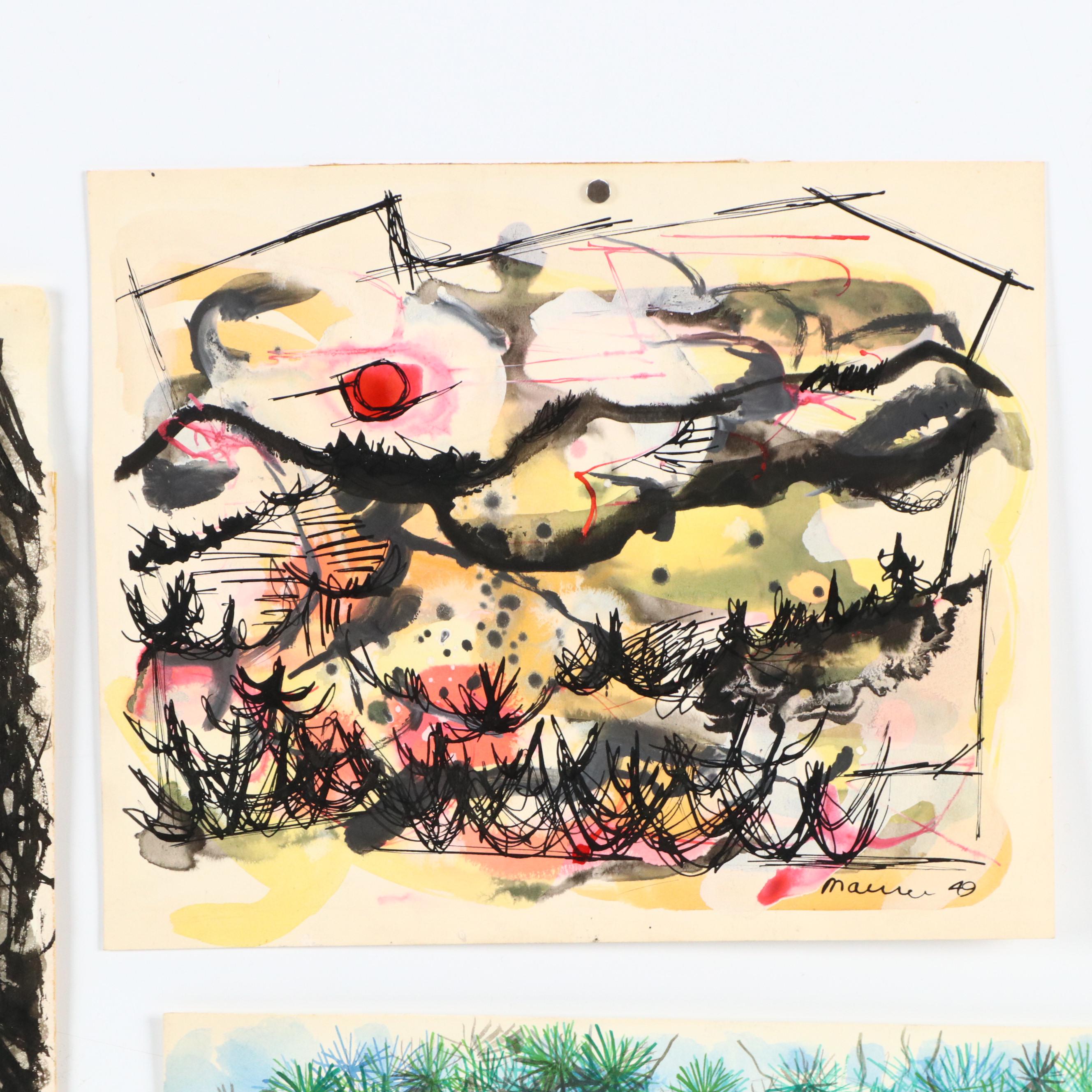 Leonard Maurer Ink and Watercolor Compositions, Mid-20th Century