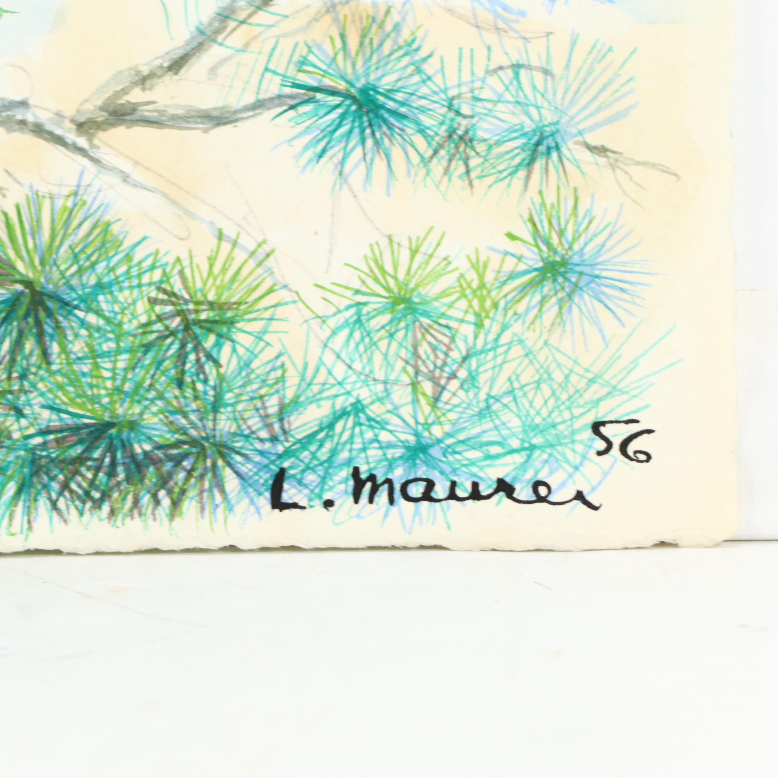 Leonard Maurer Ink and Watercolor Compositions, Mid-20th Century