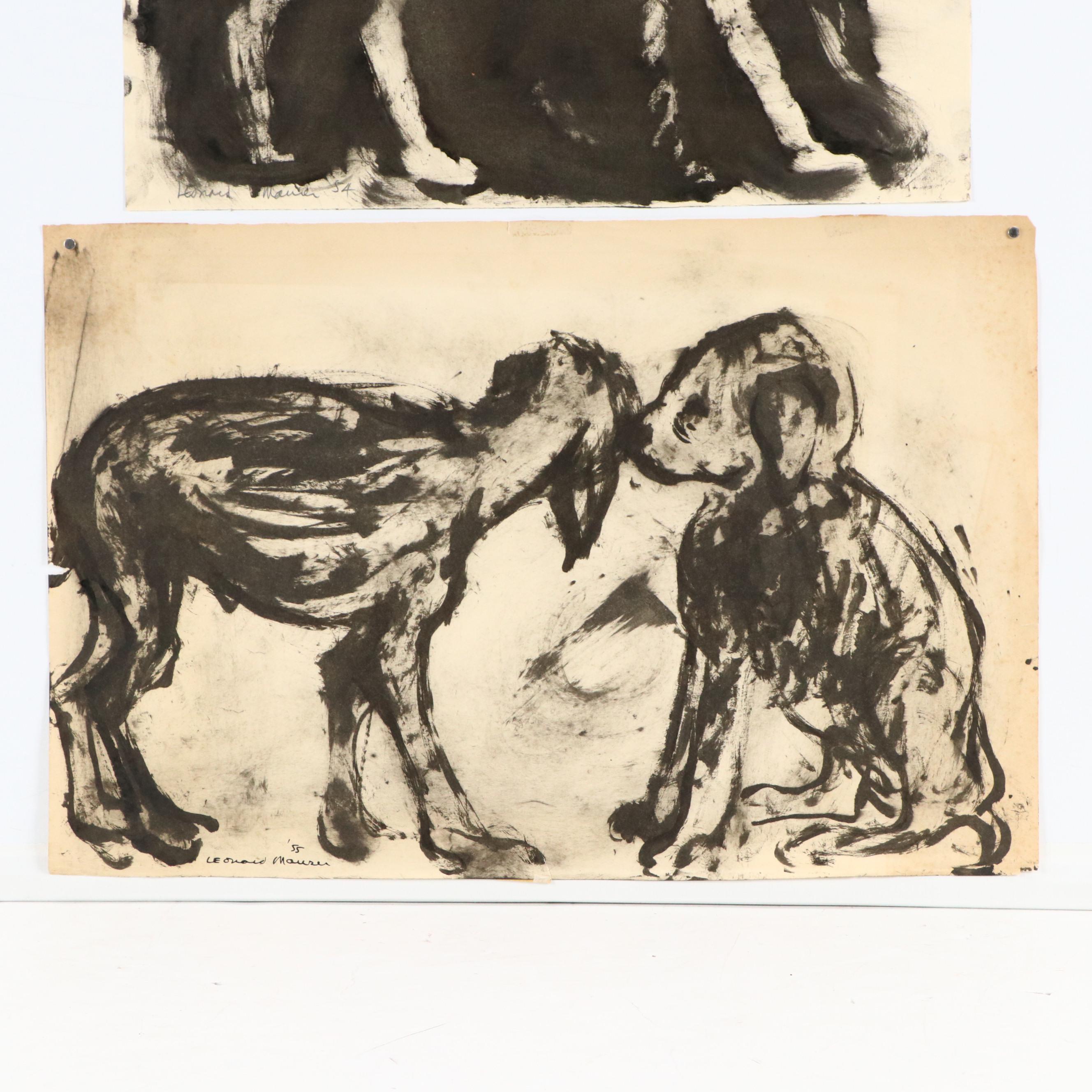 Leonard Maurer Abstract Ink Drawings of Dogs, 1950s