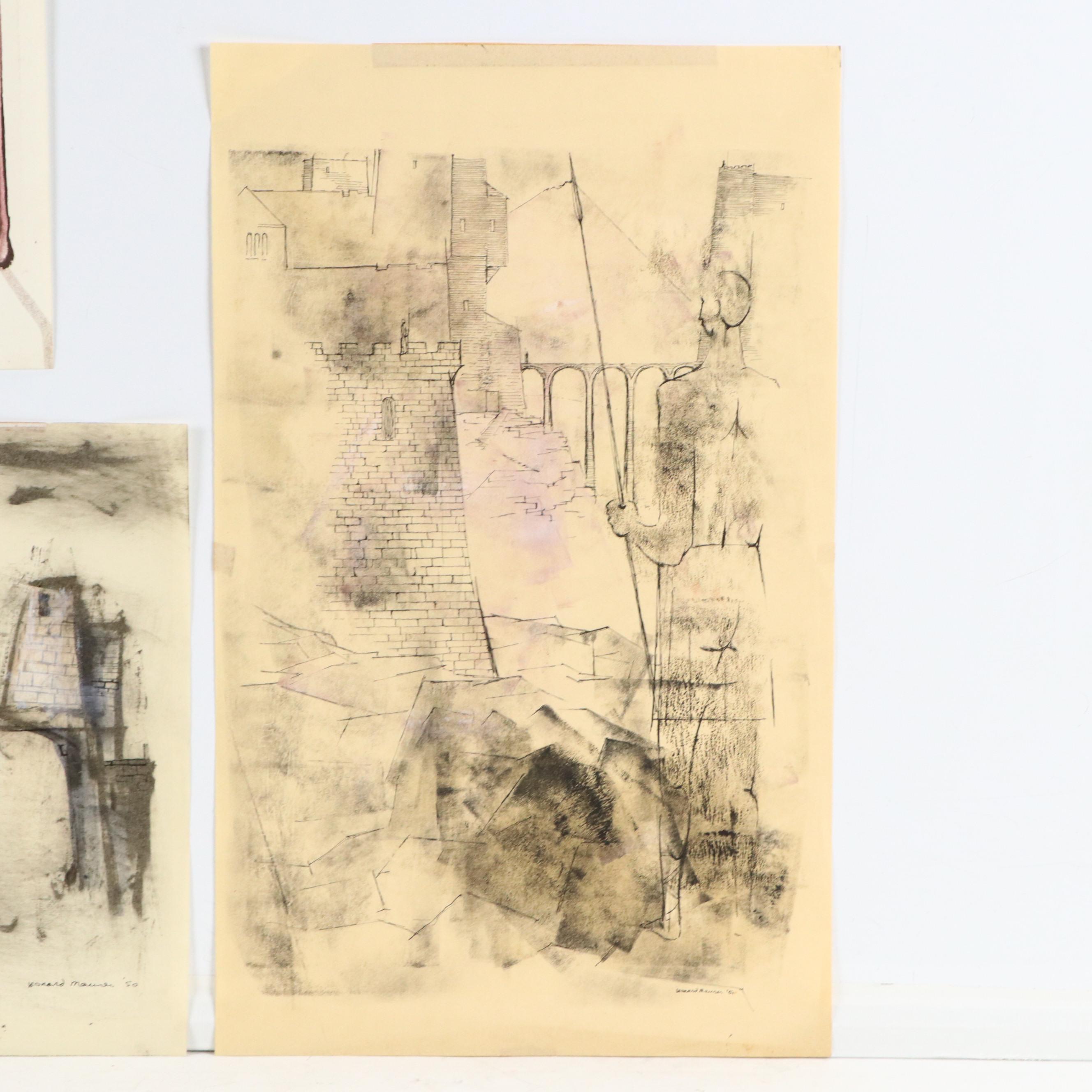 Leonard Maurer Abstract Ink Compositions, Mid-20th Century