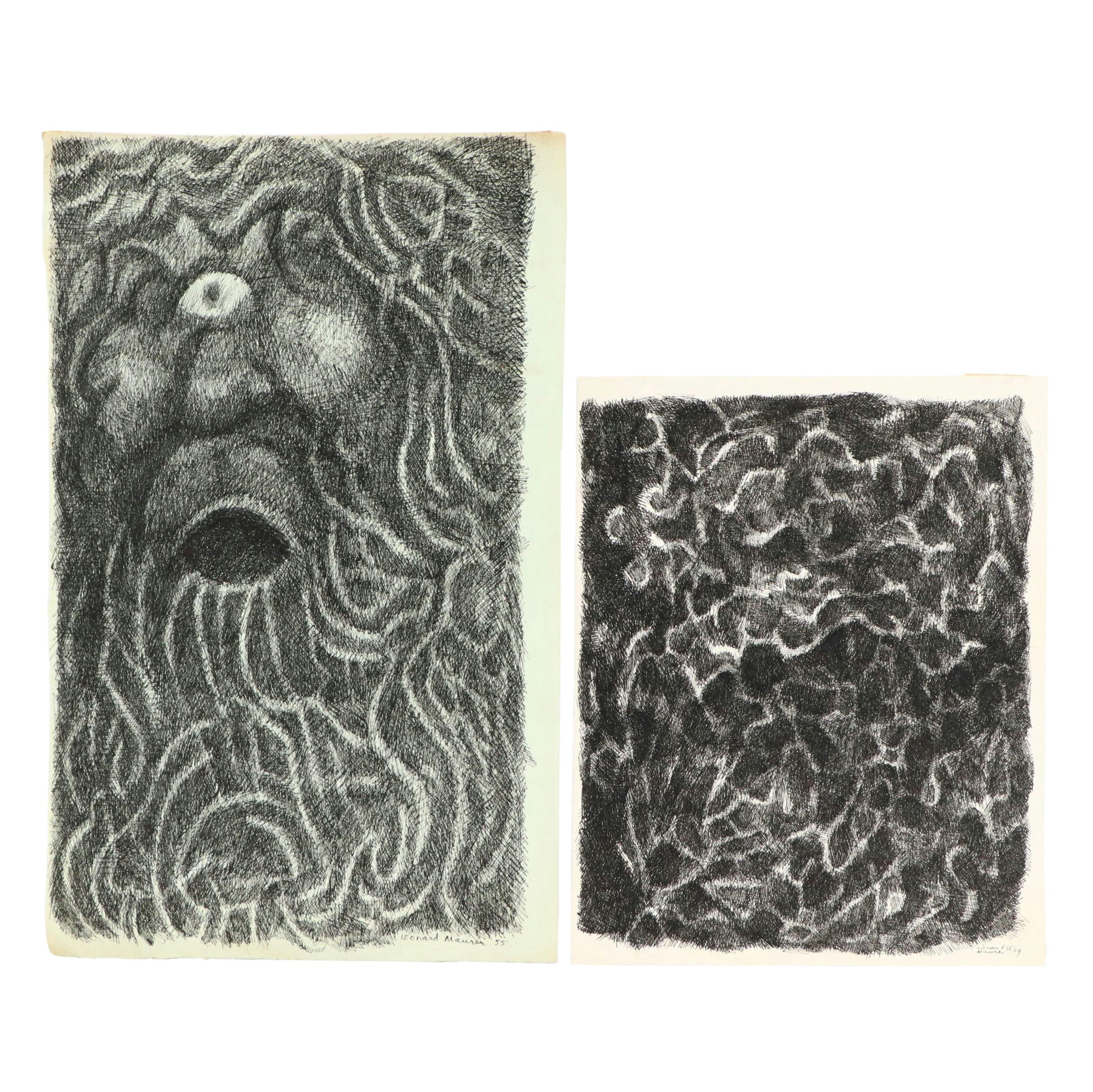 Leonard Maurer Abstract Ink Drawings, 1950s