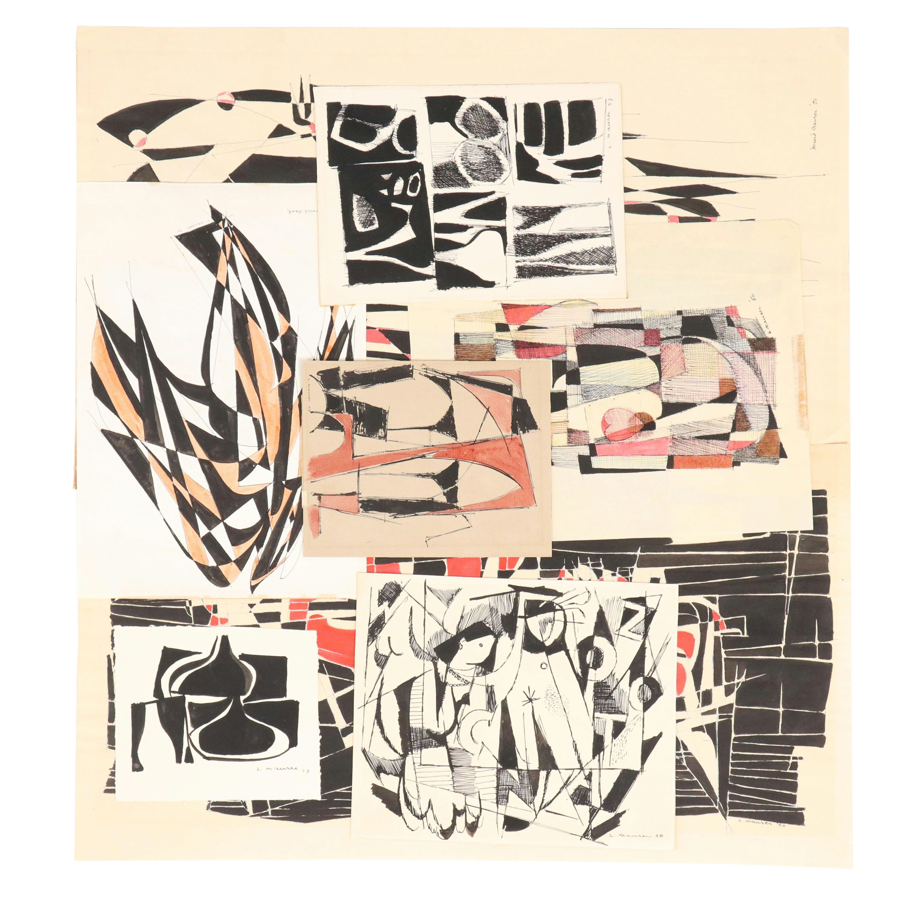 Leonard Maurer Abstract Ink Drawings, Late 1940s–50s