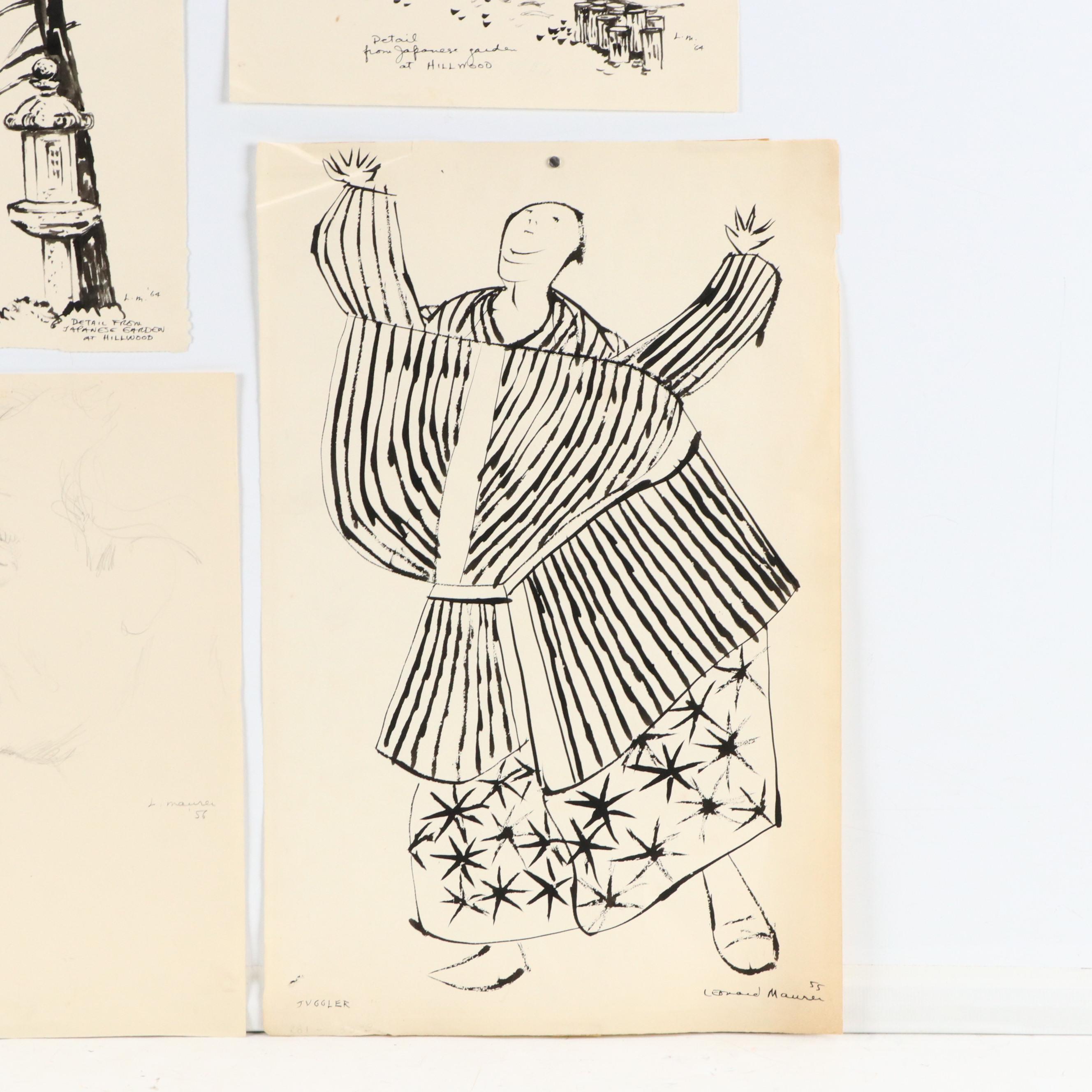 Leonard Maurer Japanese-Inspired Ink Drawings, Mid-20th Century
