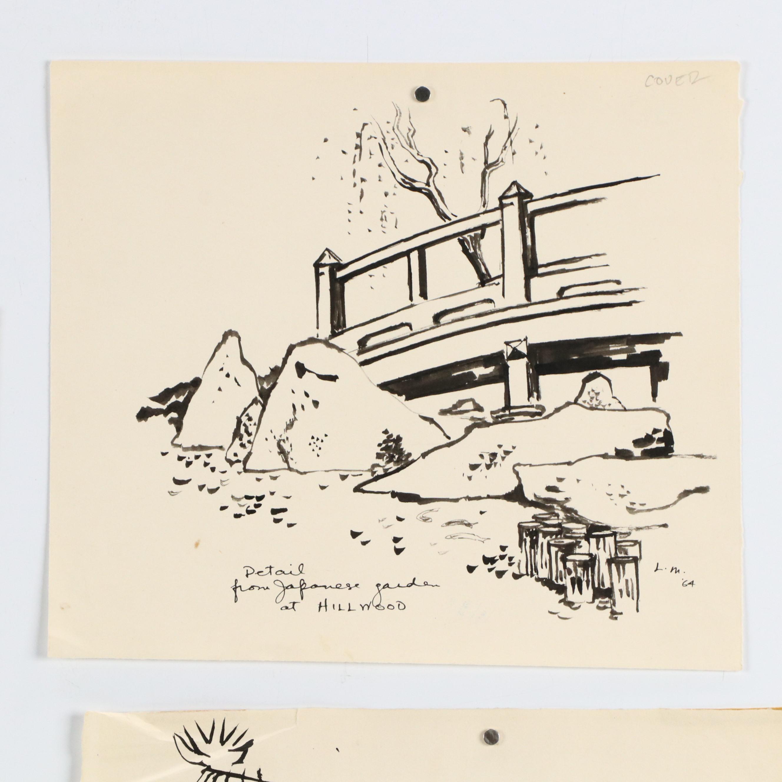 Leonard Maurer Japanese-Inspired Ink Drawings, Mid-20th Century