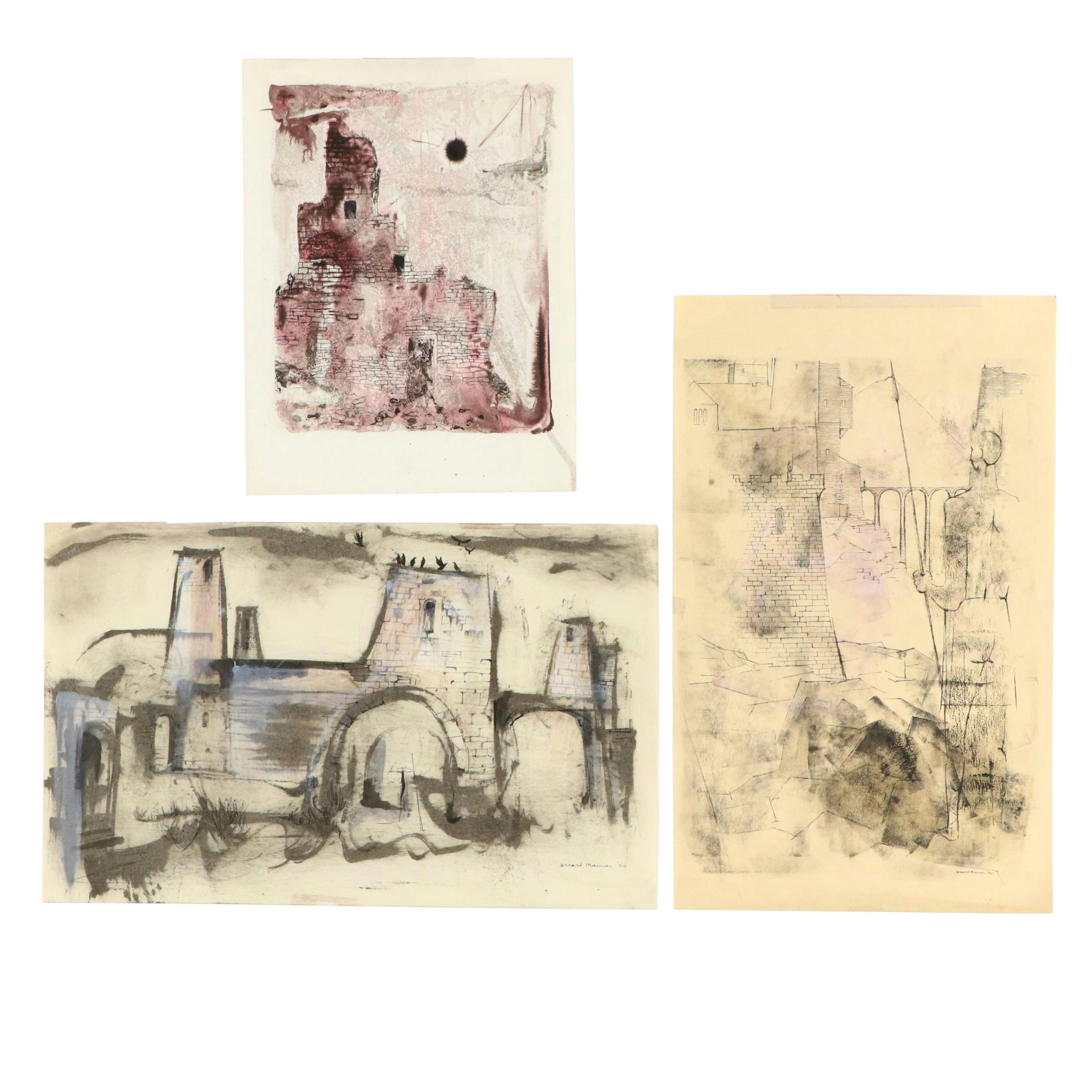 Leonard Maurer Abstract Ink Compositions, Mid-20th Century