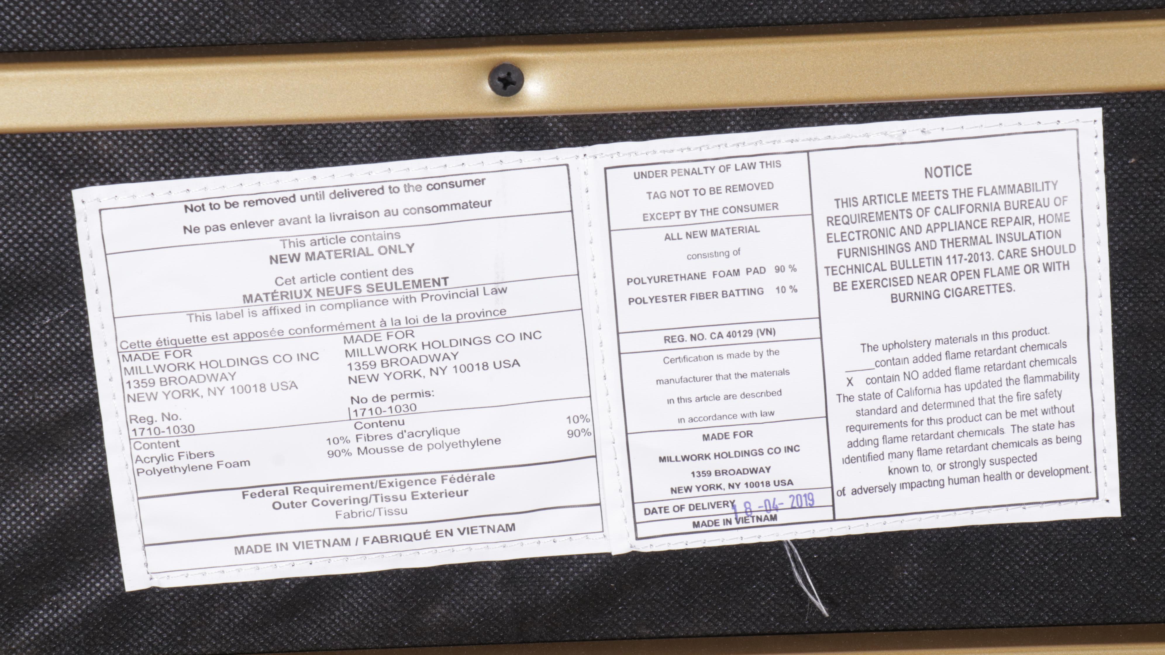 Millwork Holdings Contemporary Channel Tufted and Gold Tone Metal Bench