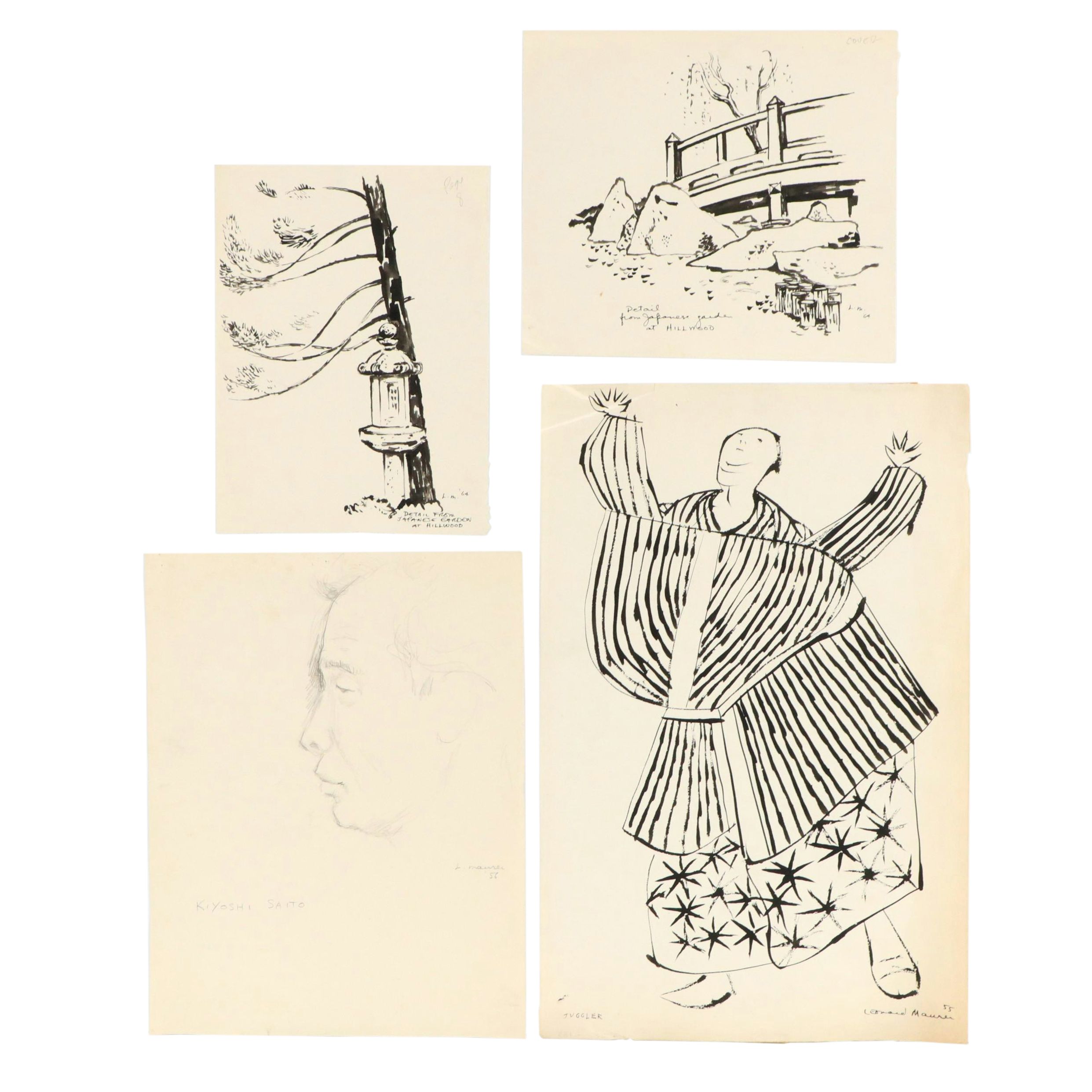 Leonard Maurer Japanese-Inspired Ink Drawings, Mid-20th Century
