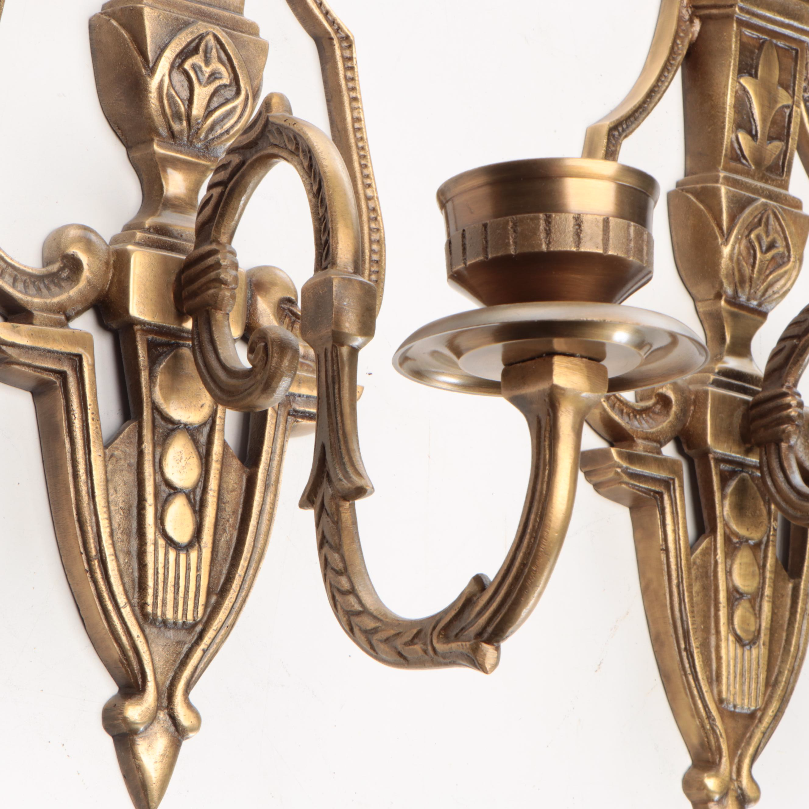 French Empire Style Cast Brass Wall Candle Sconces, Vintage