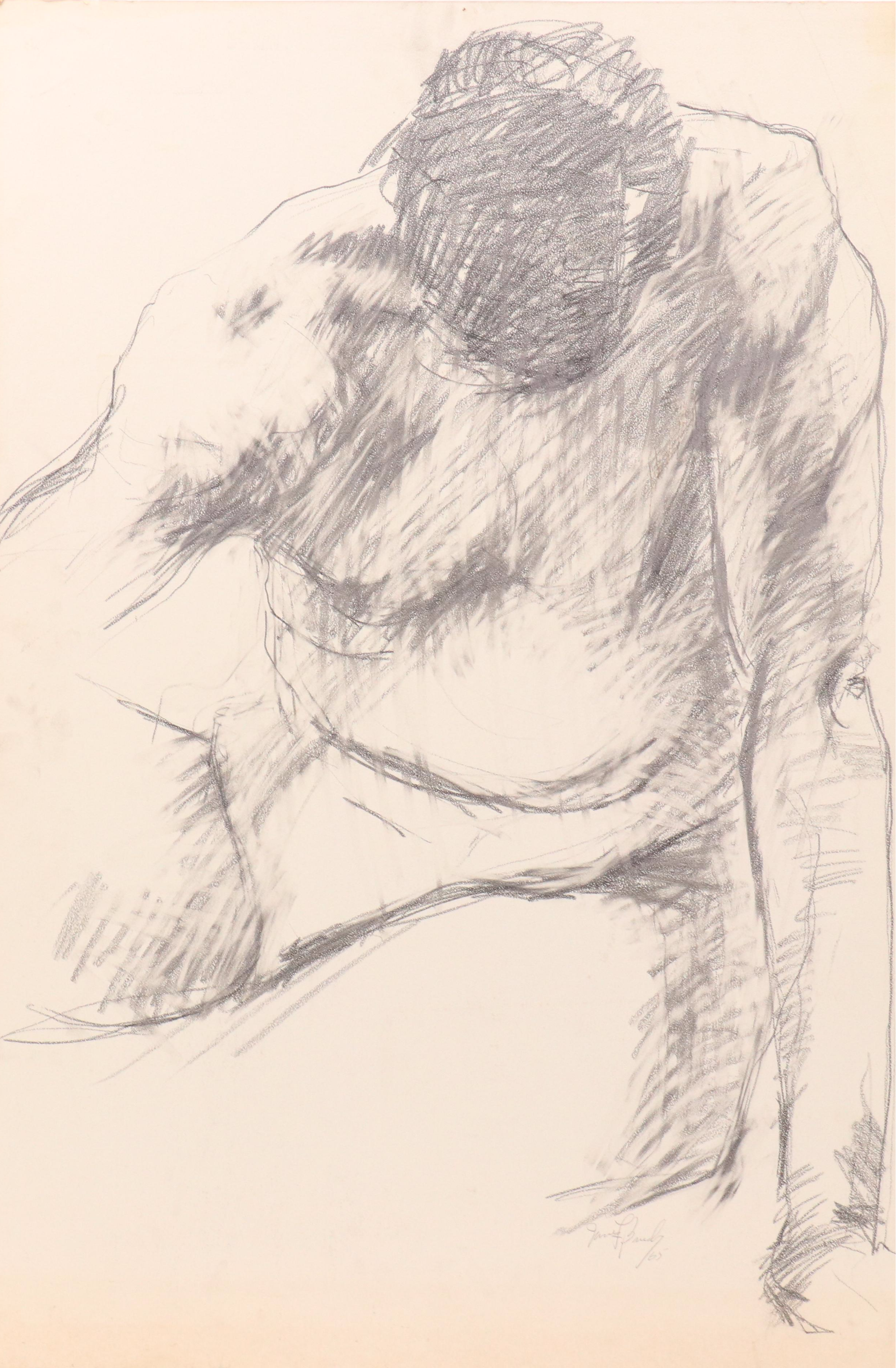 James Bruch Charcoal Drawing on Paperboard of Male Nude Figure, 1965