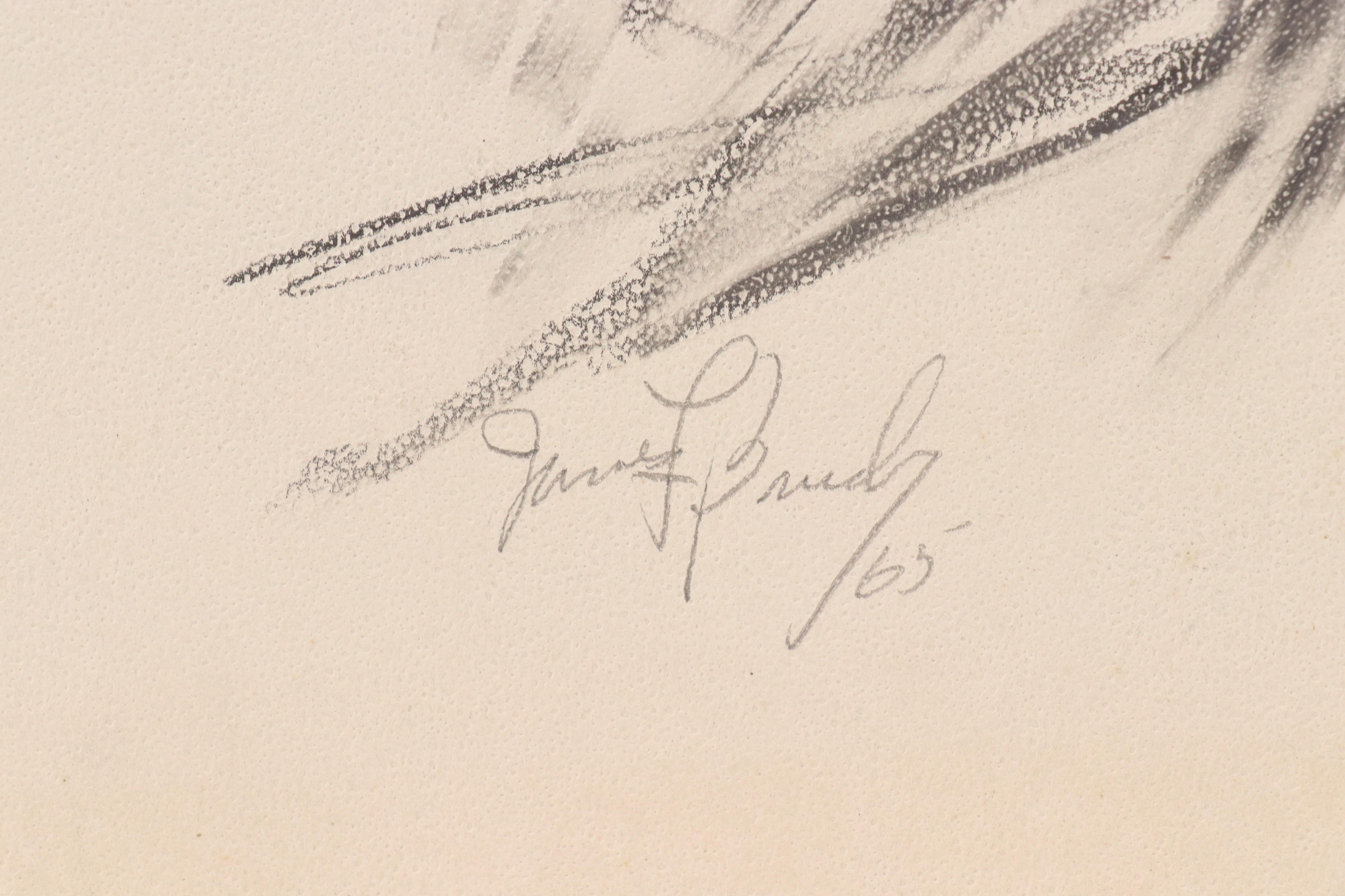 James Bruch Charcoal Drawing on Paperboard of Male Nude Figure, 1965