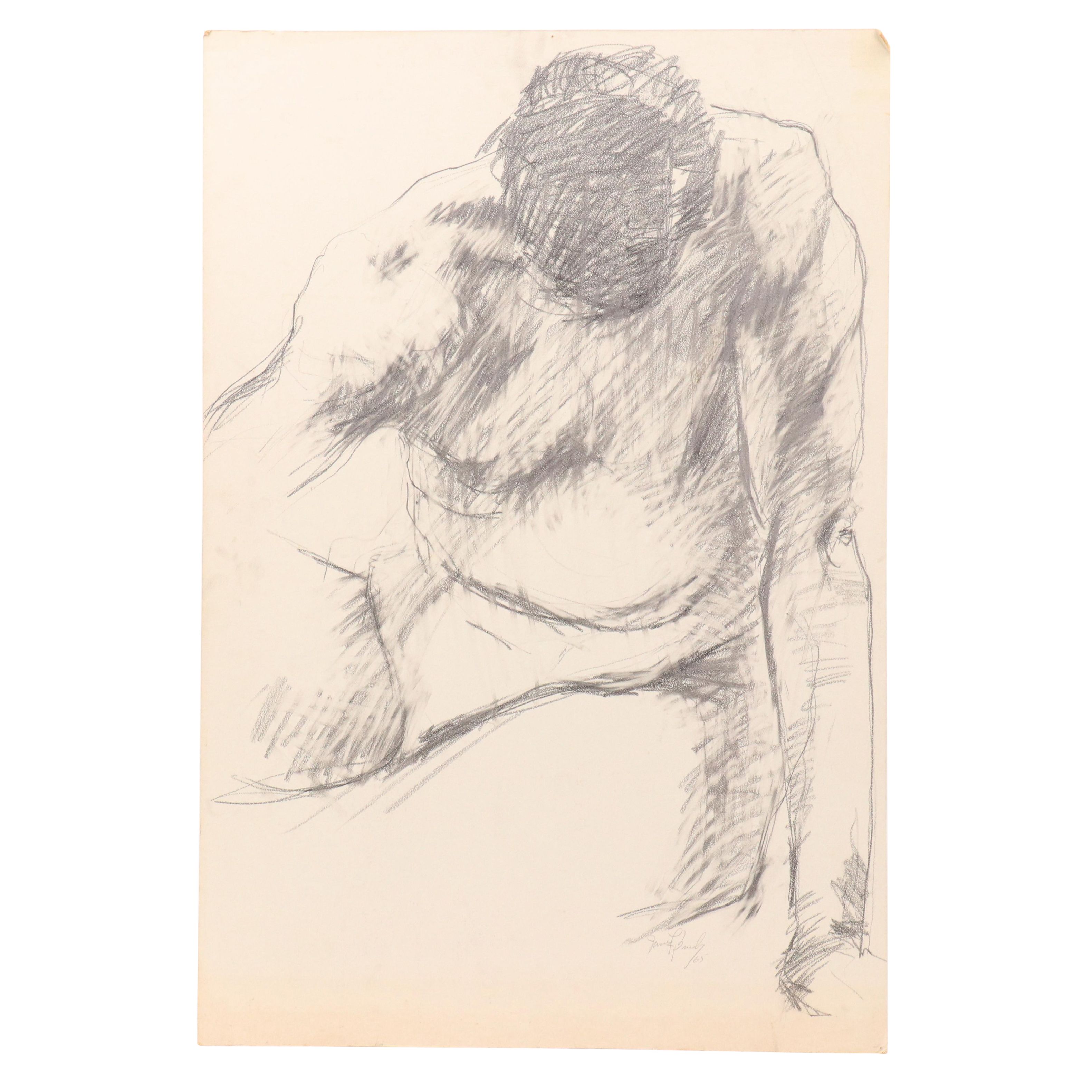 James Bruch Charcoal Drawing on Paperboard of Male Nude Figure, 1965