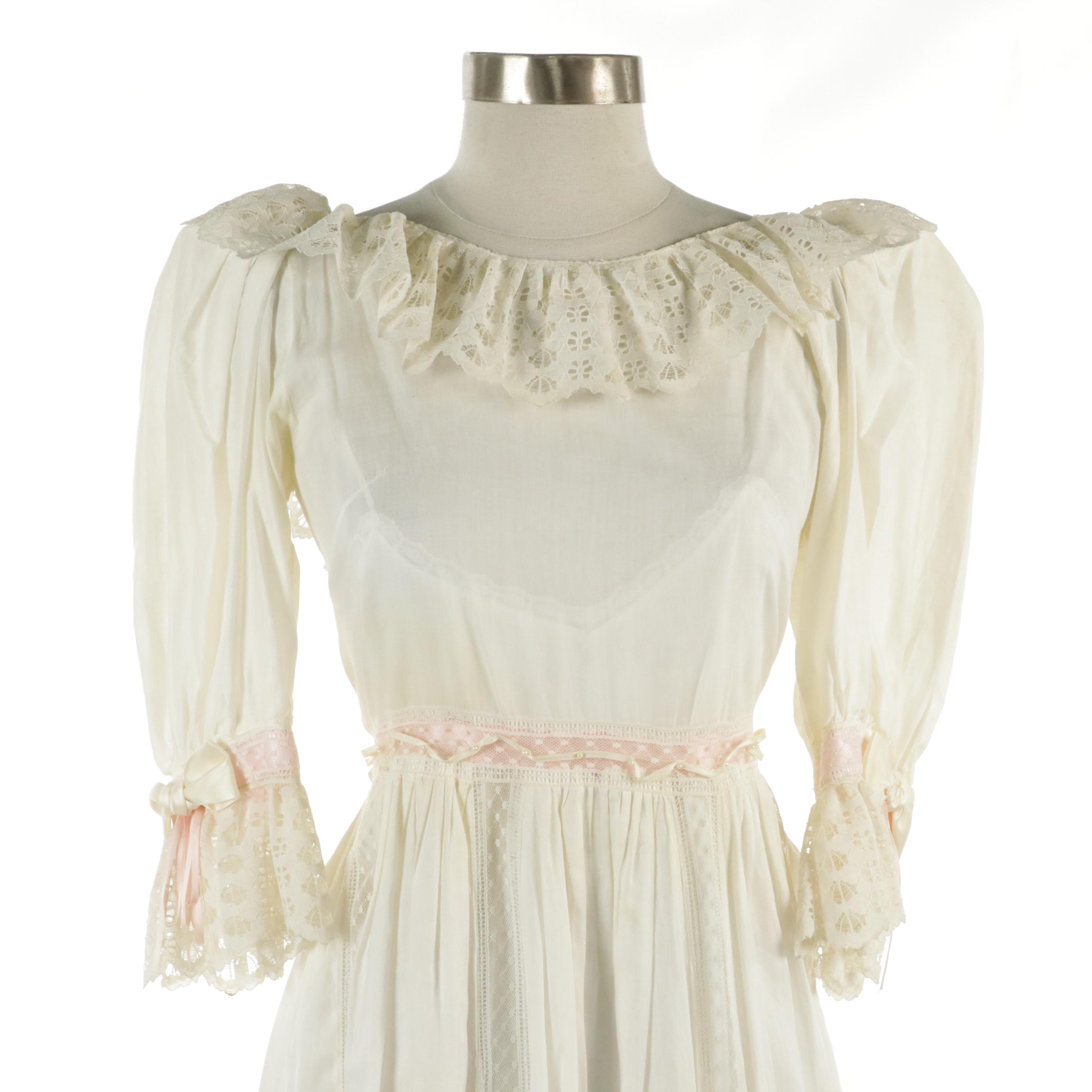 Jeanne Mexican Wedding Dress in Cotton and Lace with Other Slip, circa 1970