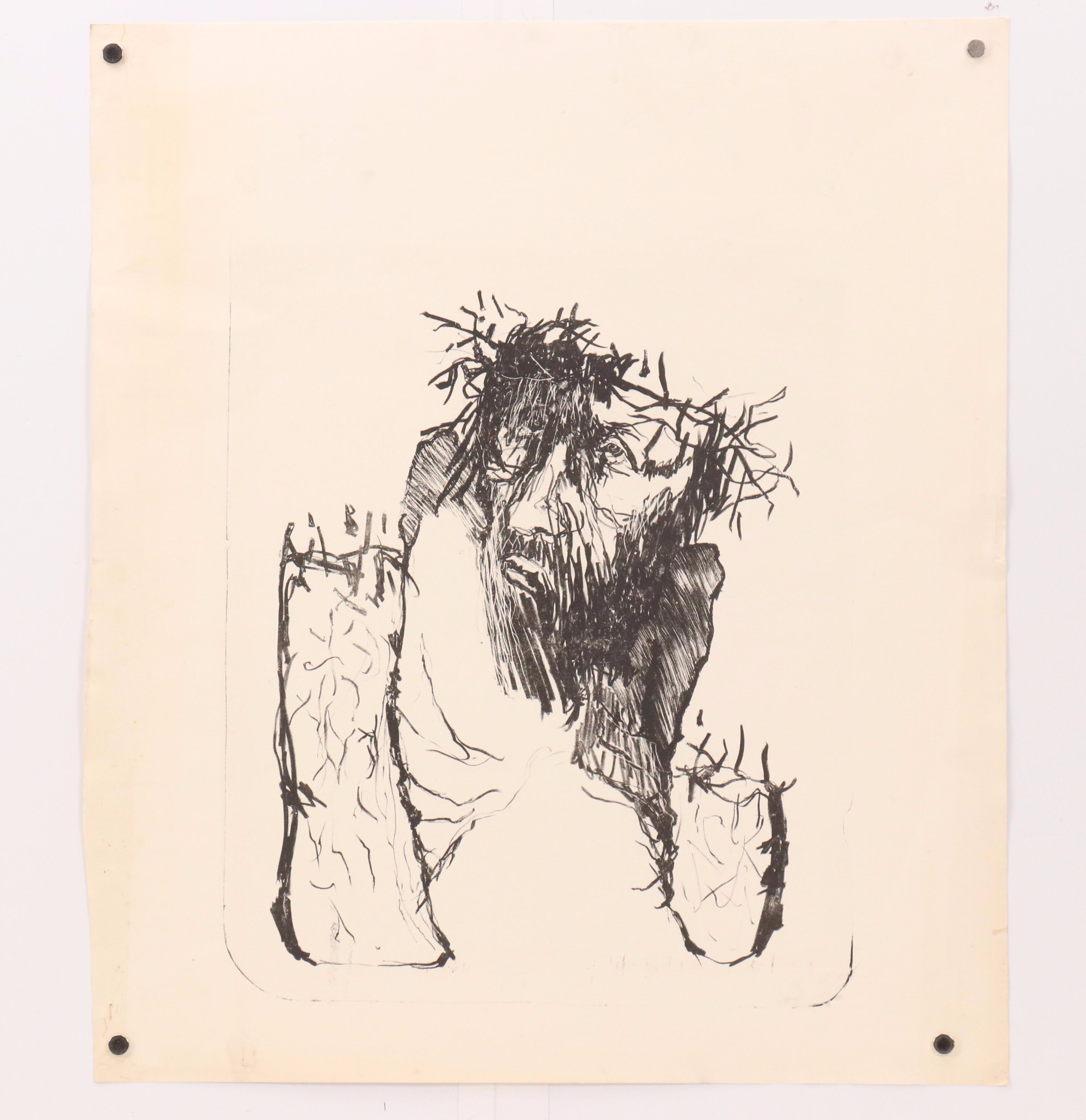 J. Bruch Stone Lithographs and Ink Wash of Jesus with Crown of Thorns, 1960s