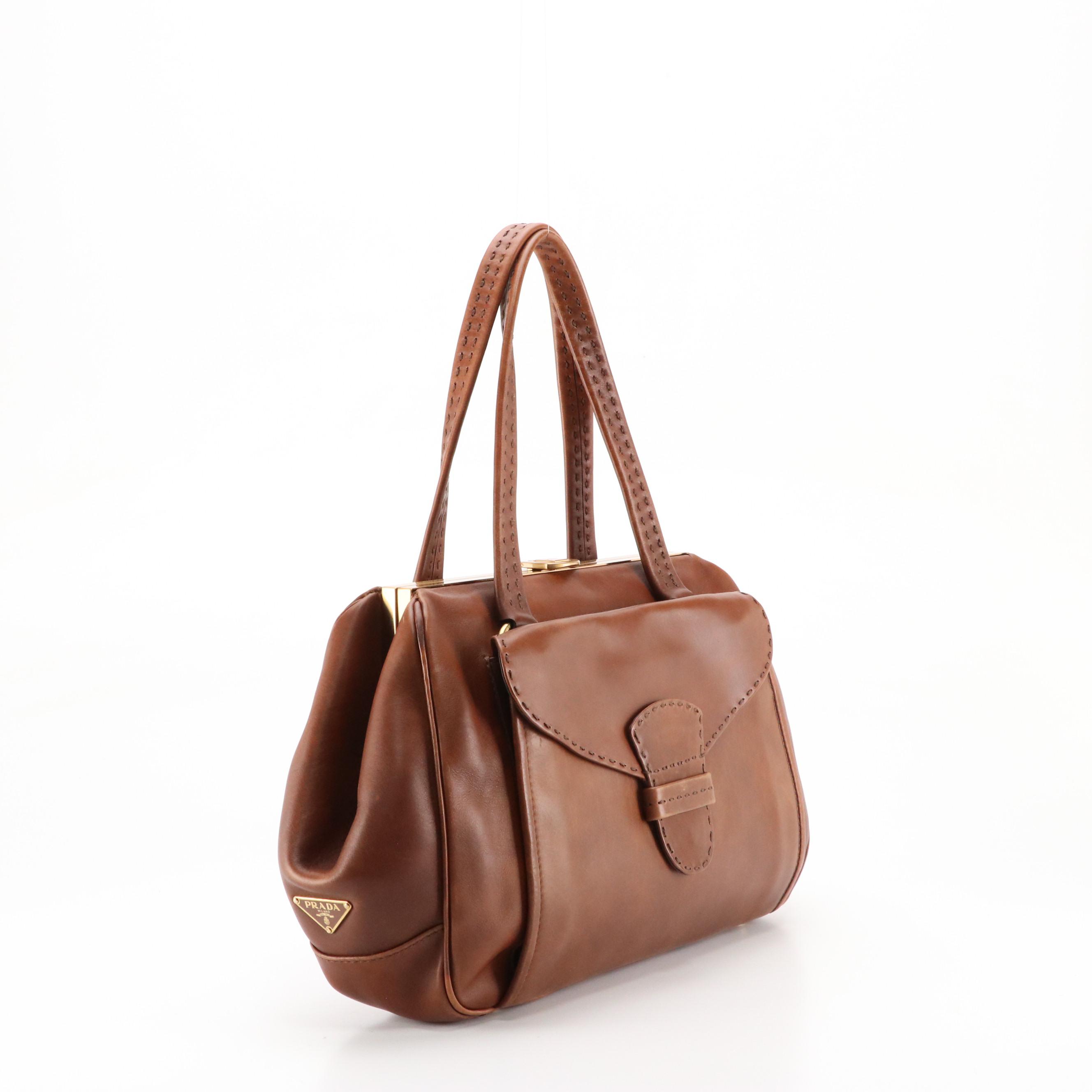 Prada Front Pocket Framed Shoulder Bag in Dark Brown Antik Calfskin Leather