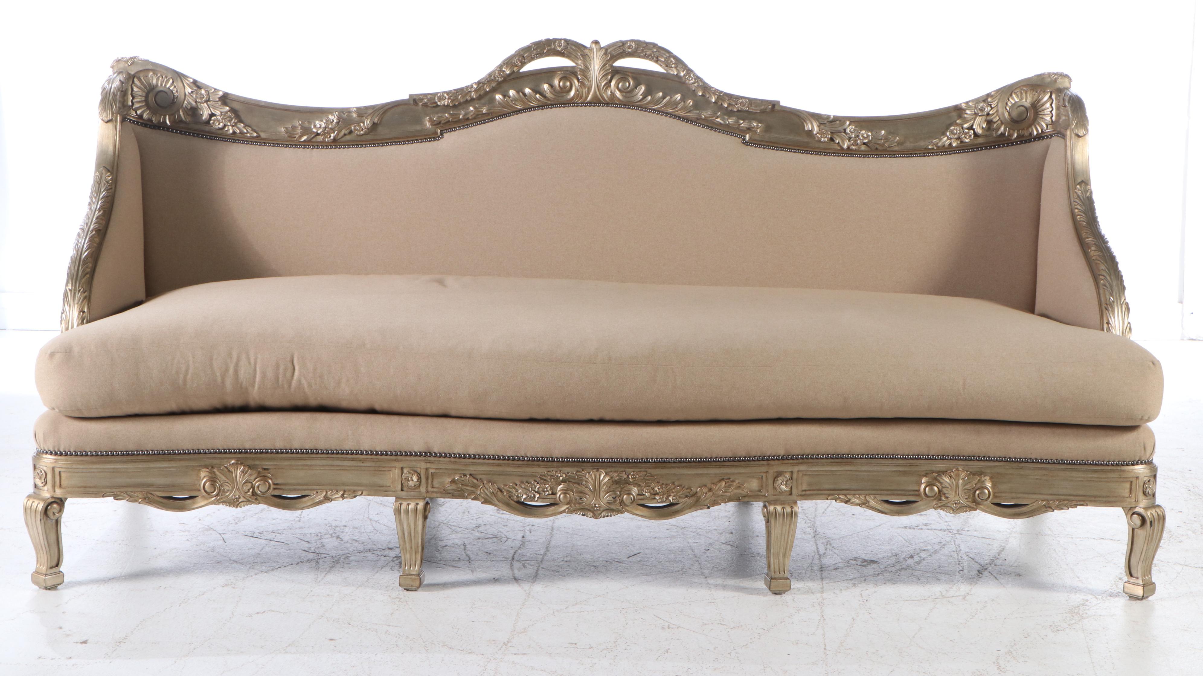 Marge Carson Louis XV Style Carved Silvered Wood Sofa with Accent Pillows
