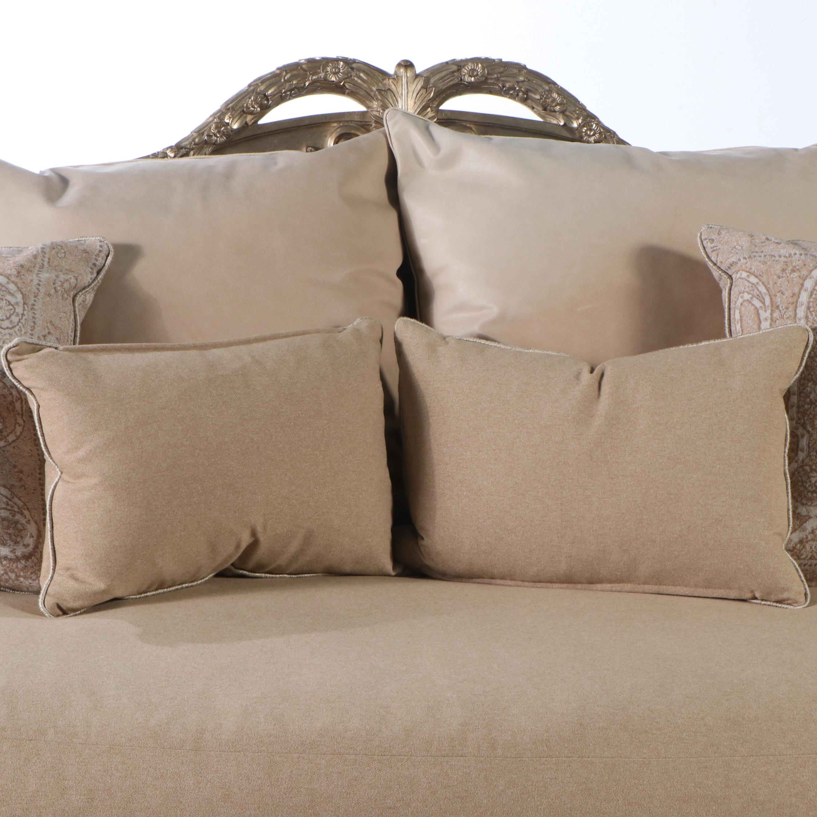 Marge Carson Louis XV Style Carved Silvered Wood Sofa with Accent Pillows