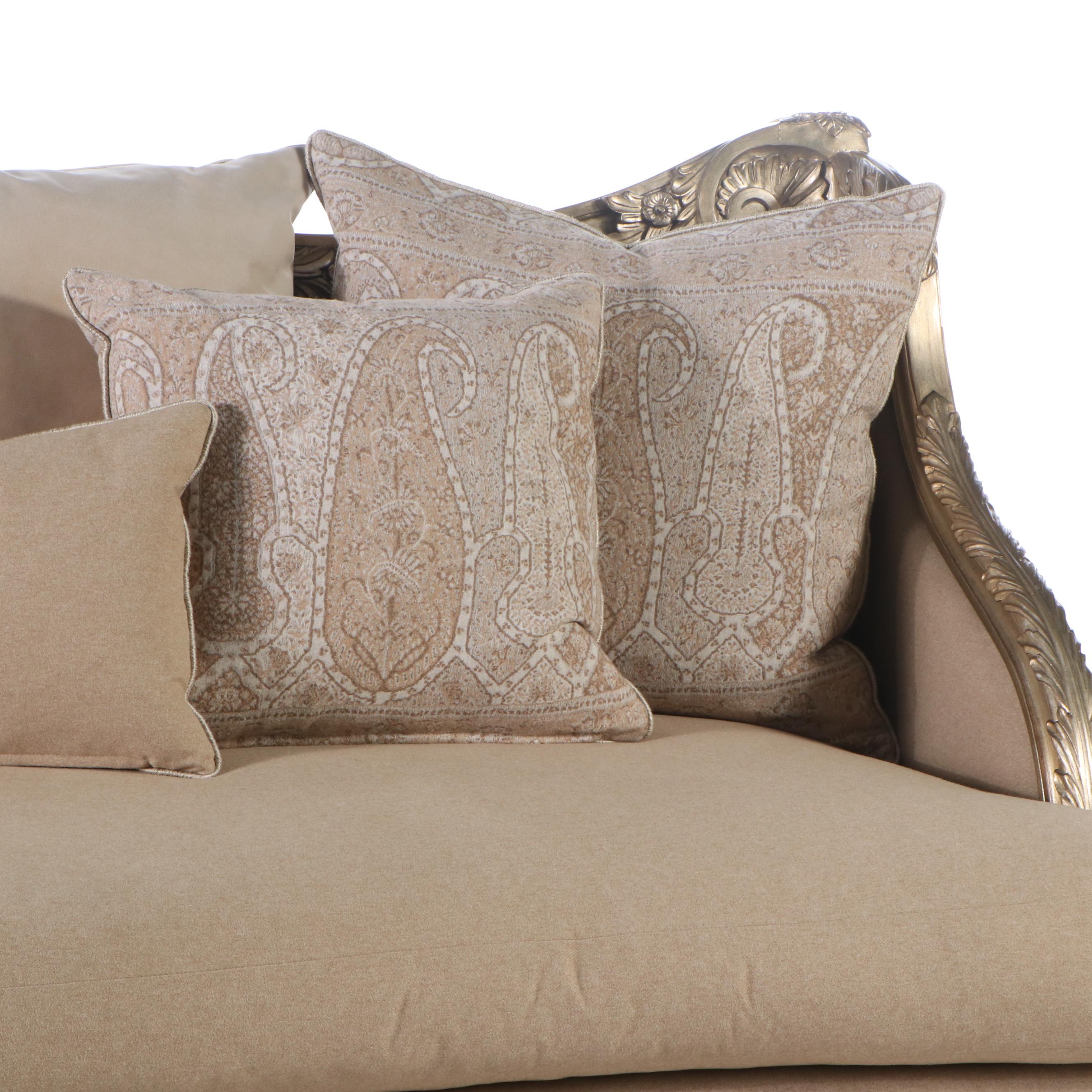 Marge Carson Louis XV Style Carved Silvered Wood Sofa with Accent Pillows