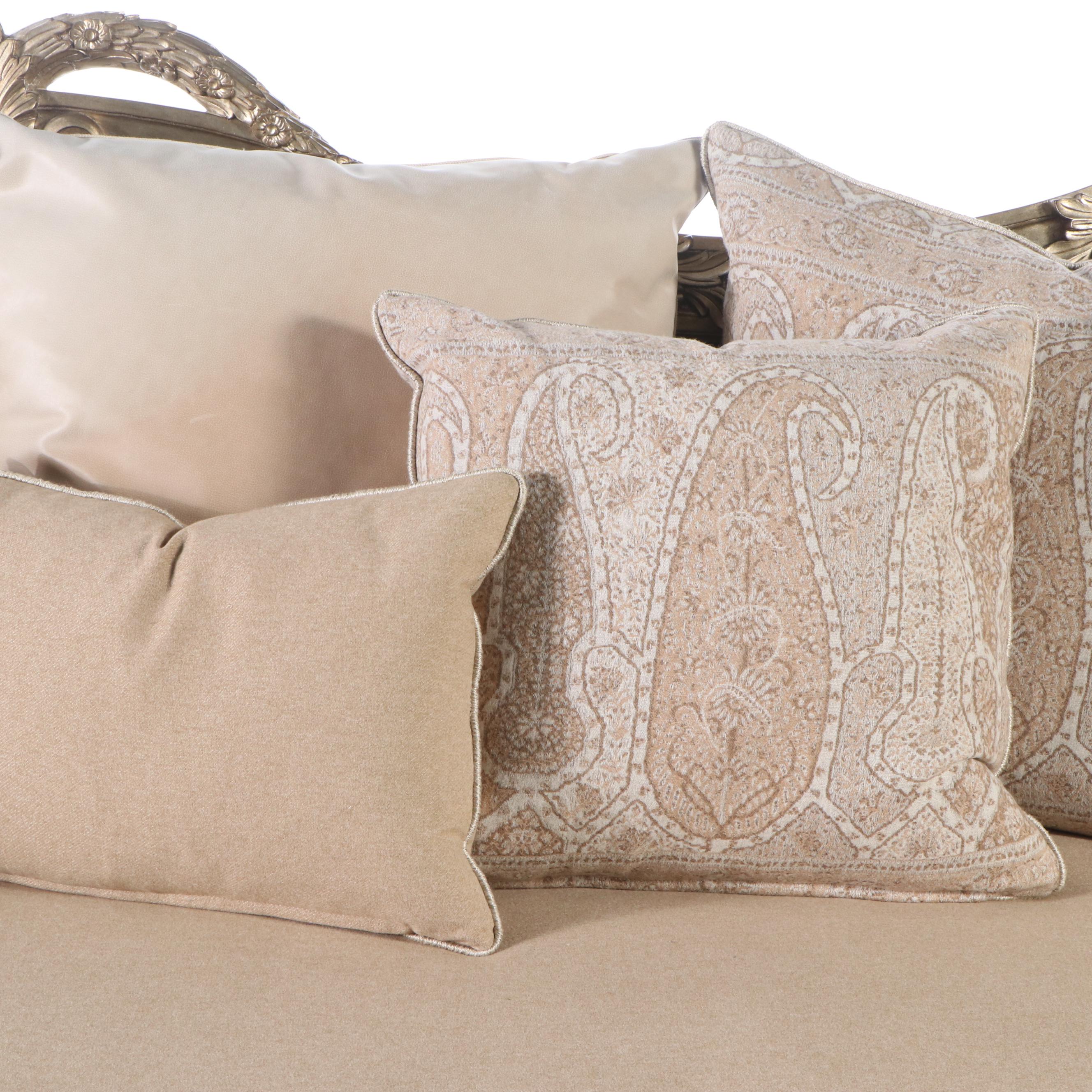 Marge Carson Louis XV Style Carved Silvered Wood Sofa with Accent Pillows