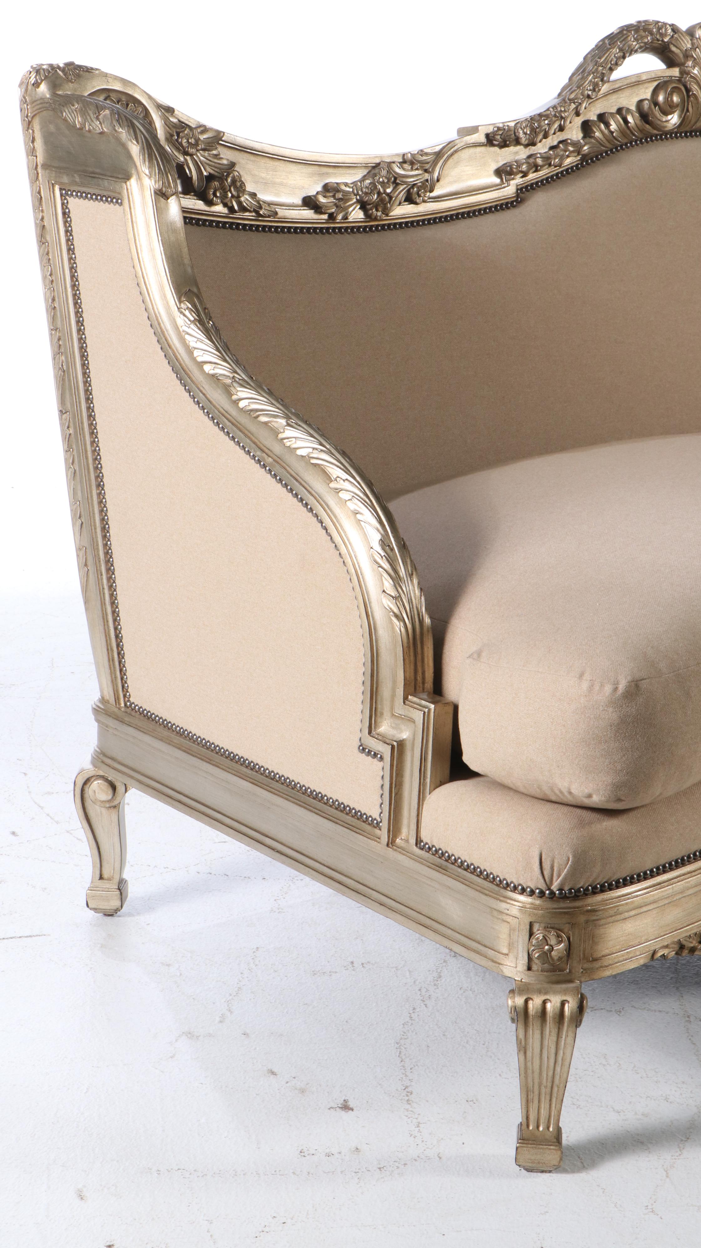 Marge Carson Louis XV Style Carved Silvered Wood Sofa with Accent Pillows