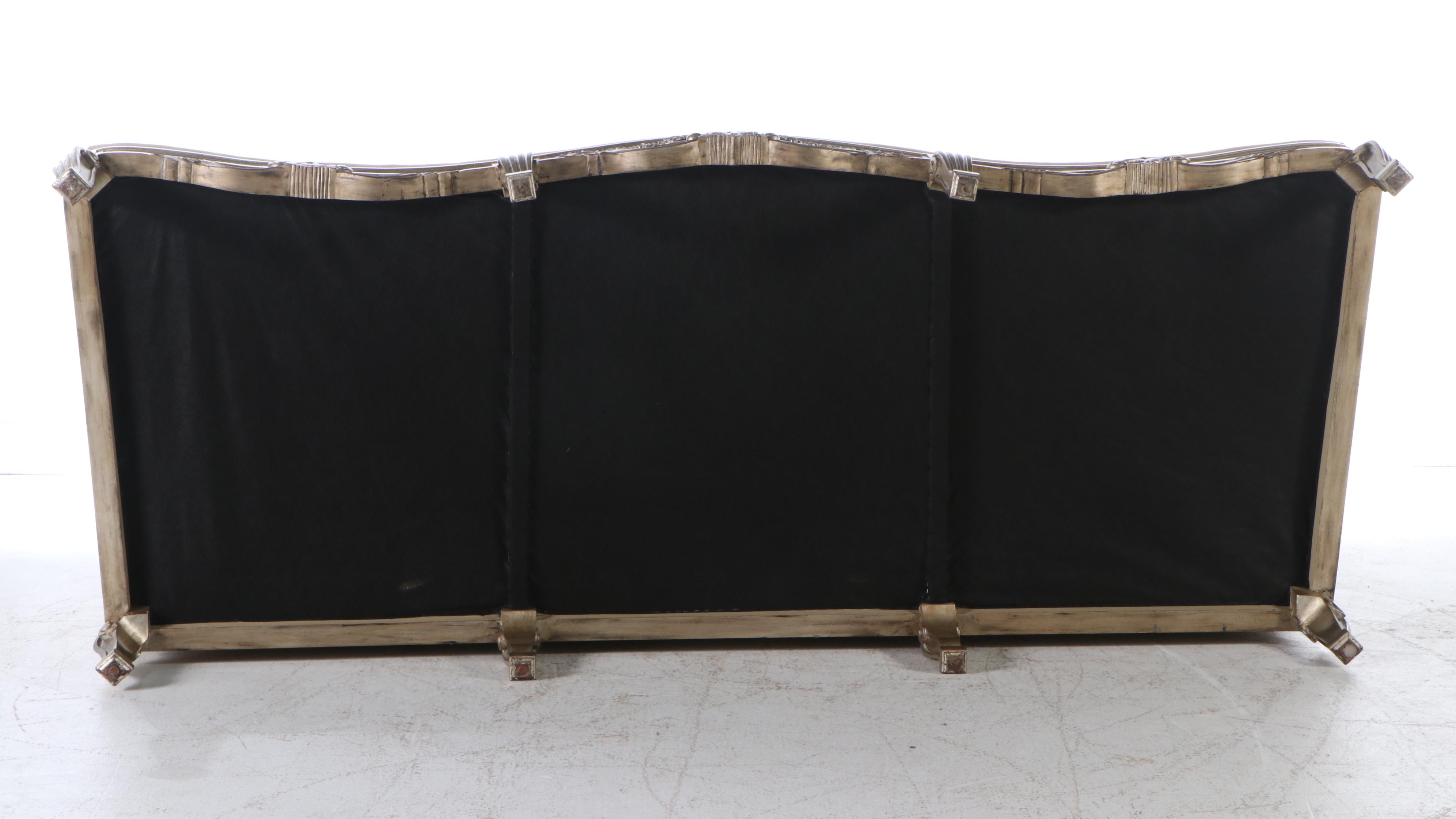 Marge Carson Louis XV Style Carved Silvered Wood Sofa with Accent Pillows