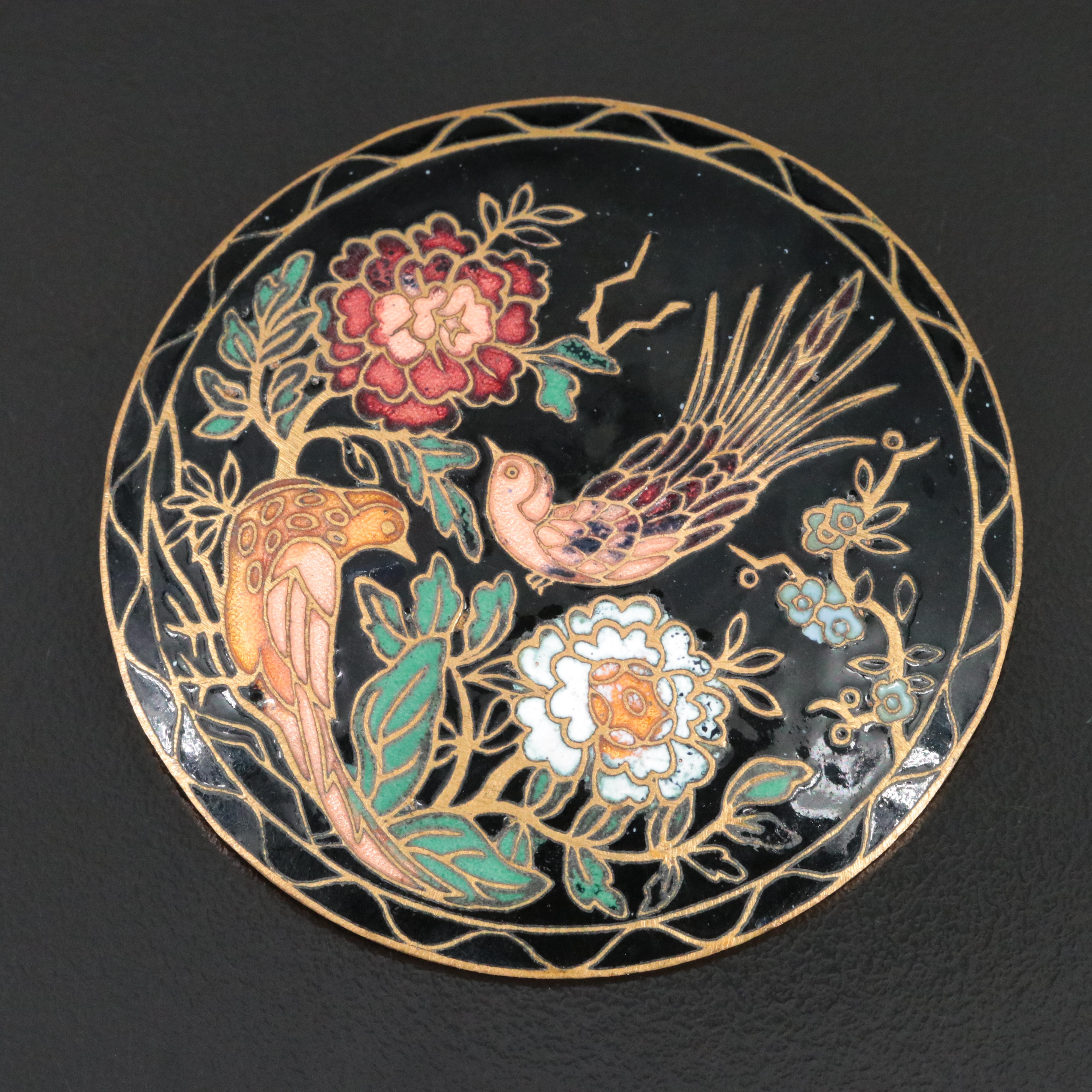 Vintage Asian Style Enamel Peony and Bird Brooch