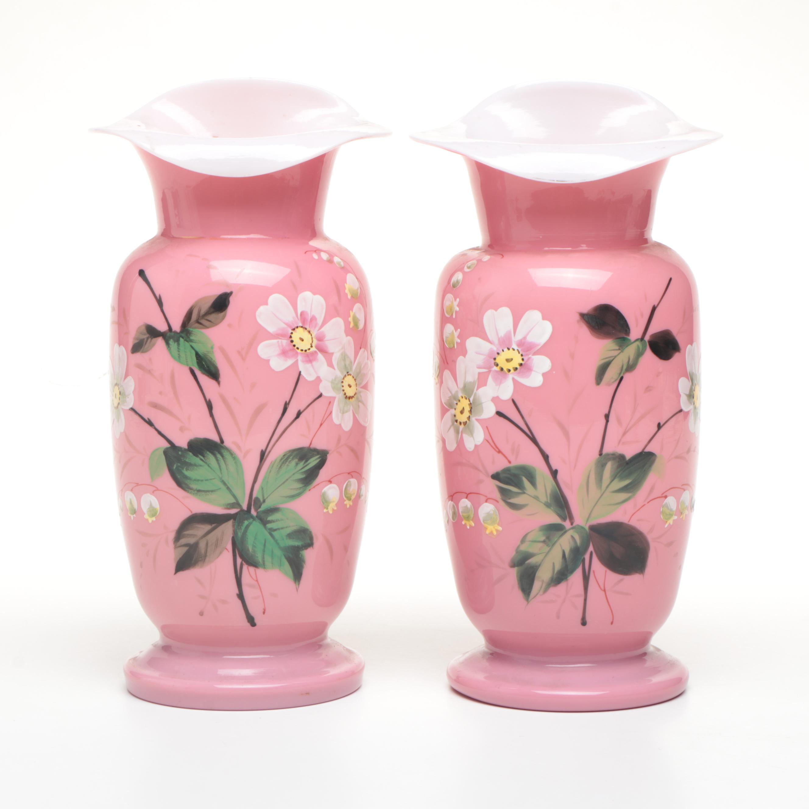 Victorian Hand-Painted Floral Bristol Glass Vases, Late 19th/Early 20th Century