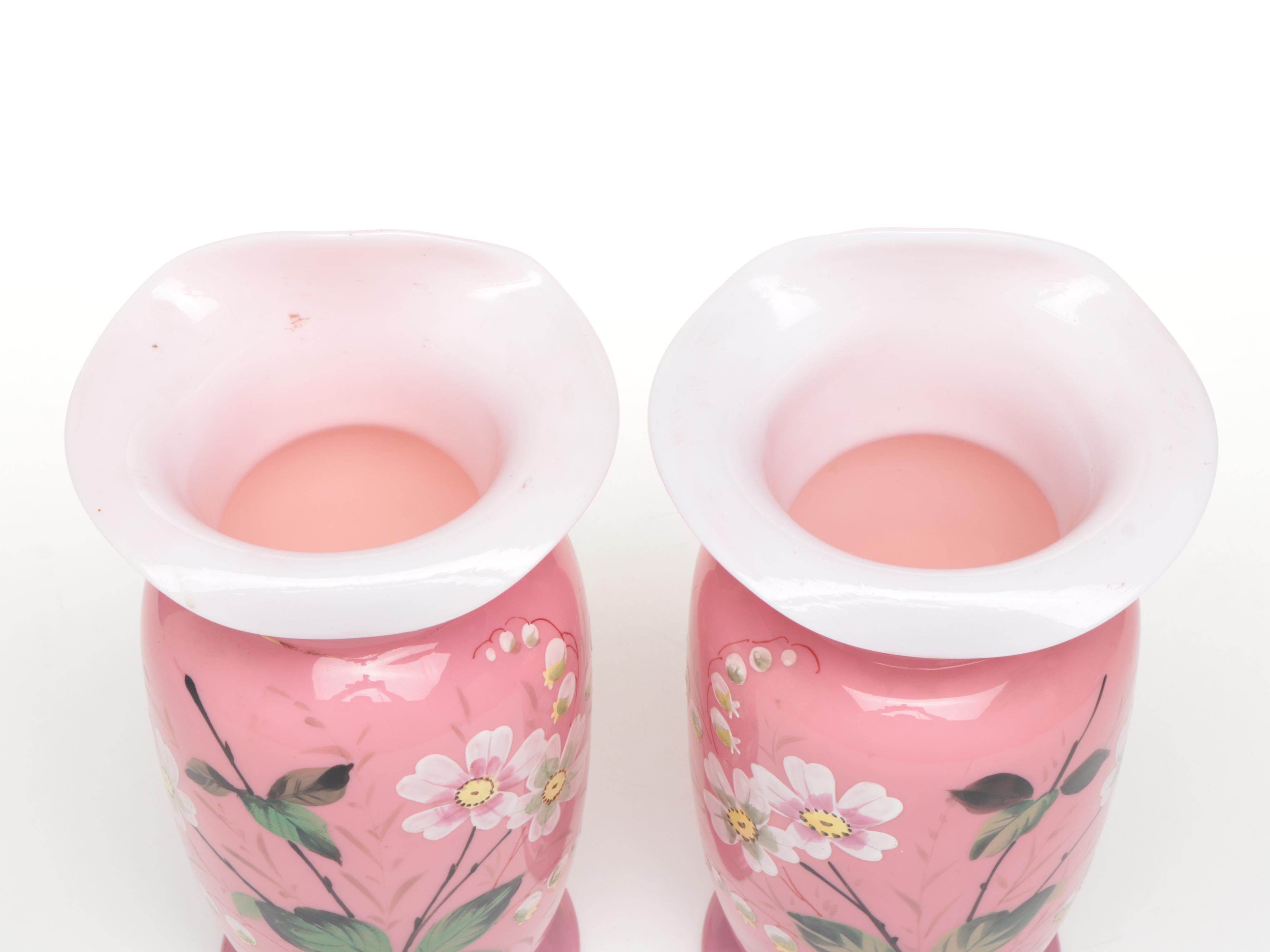 Victorian Hand-Painted Floral Bristol Glass Vases, Late 19th/Early 20th Century