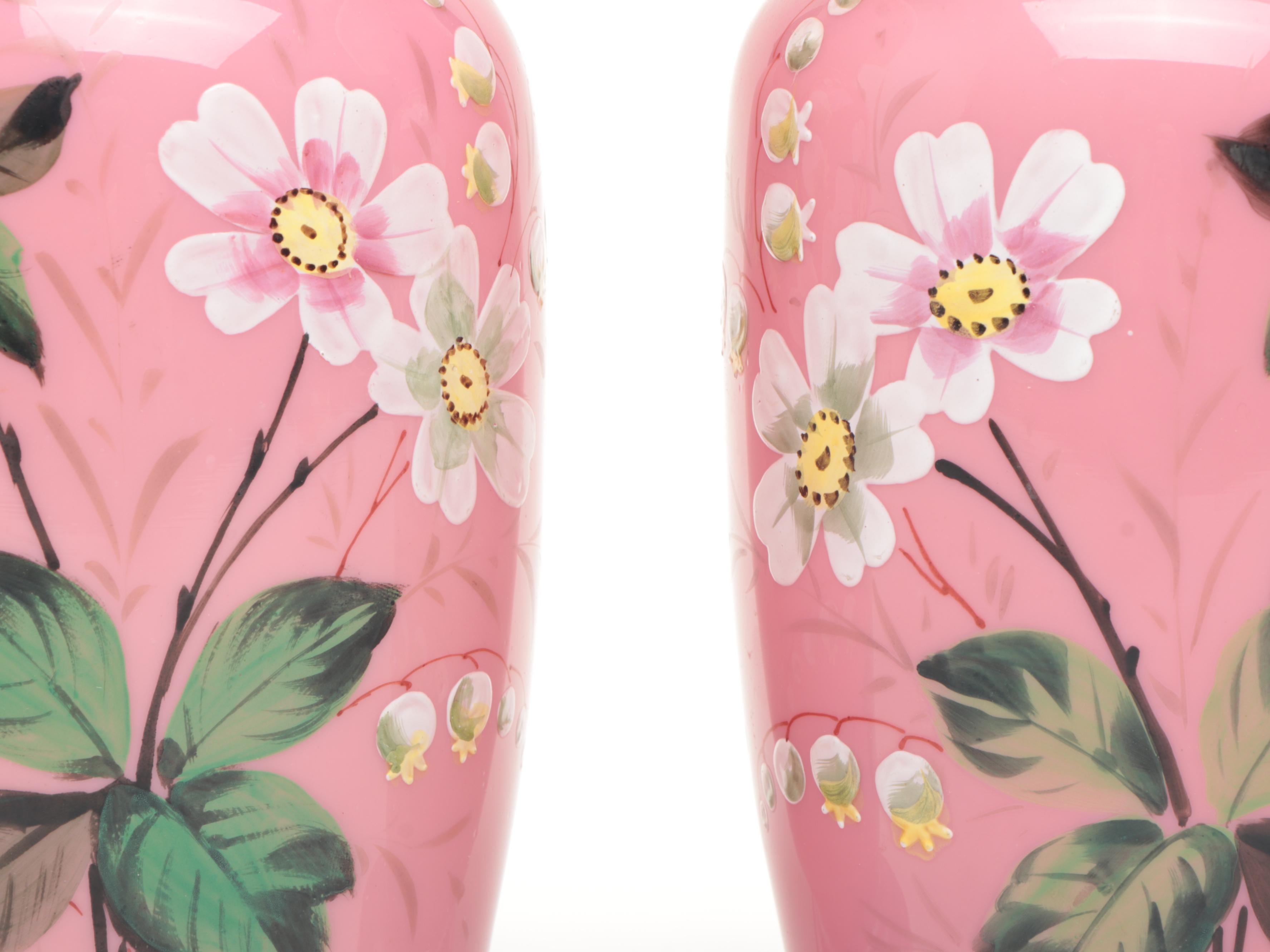 Victorian Hand-Painted Floral Bristol Glass Vases, Late 19th/Early 20th Century