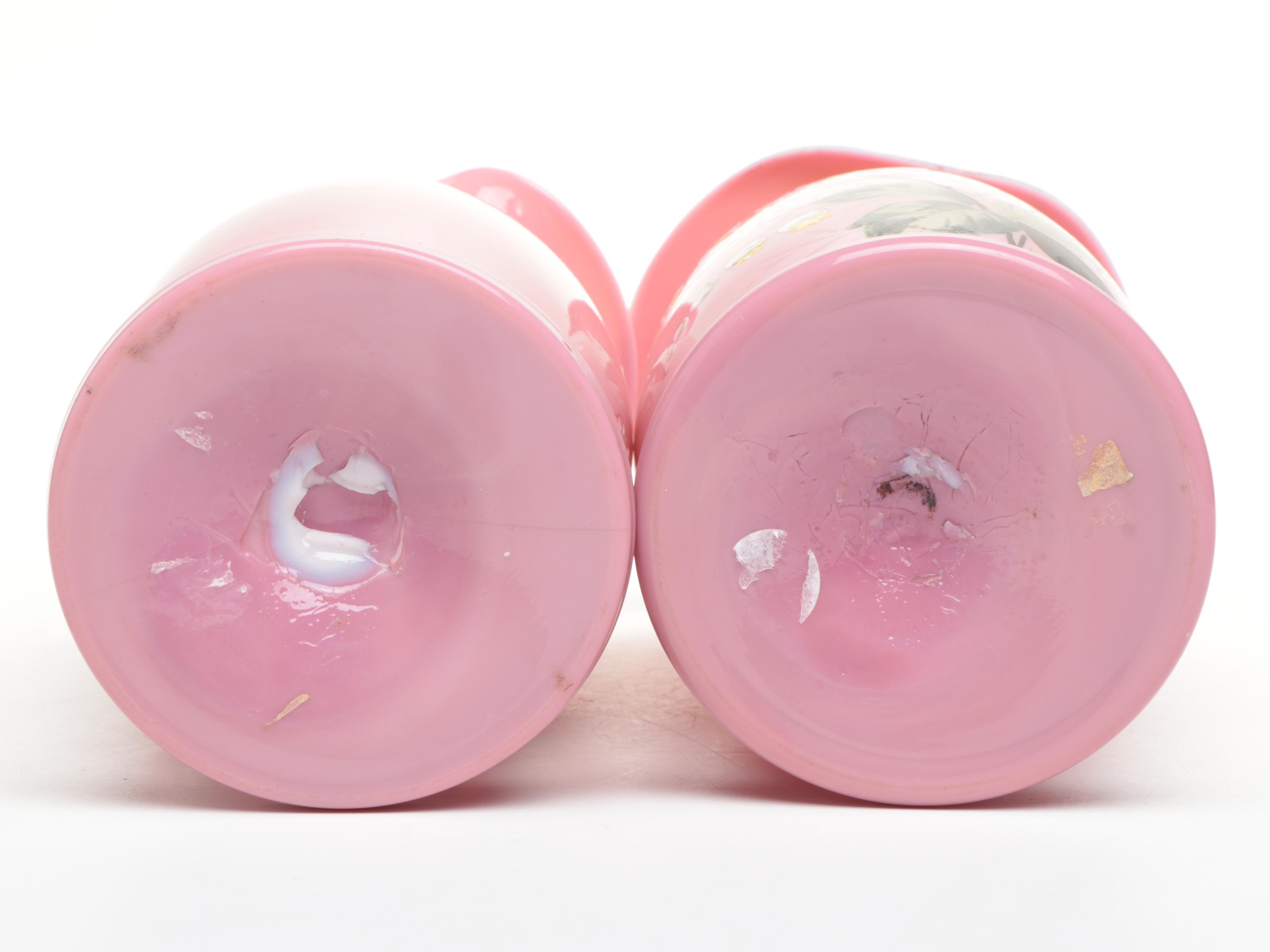 Victorian Hand-Painted Floral Bristol Glass Vases, Late 19th/Early 20th Century