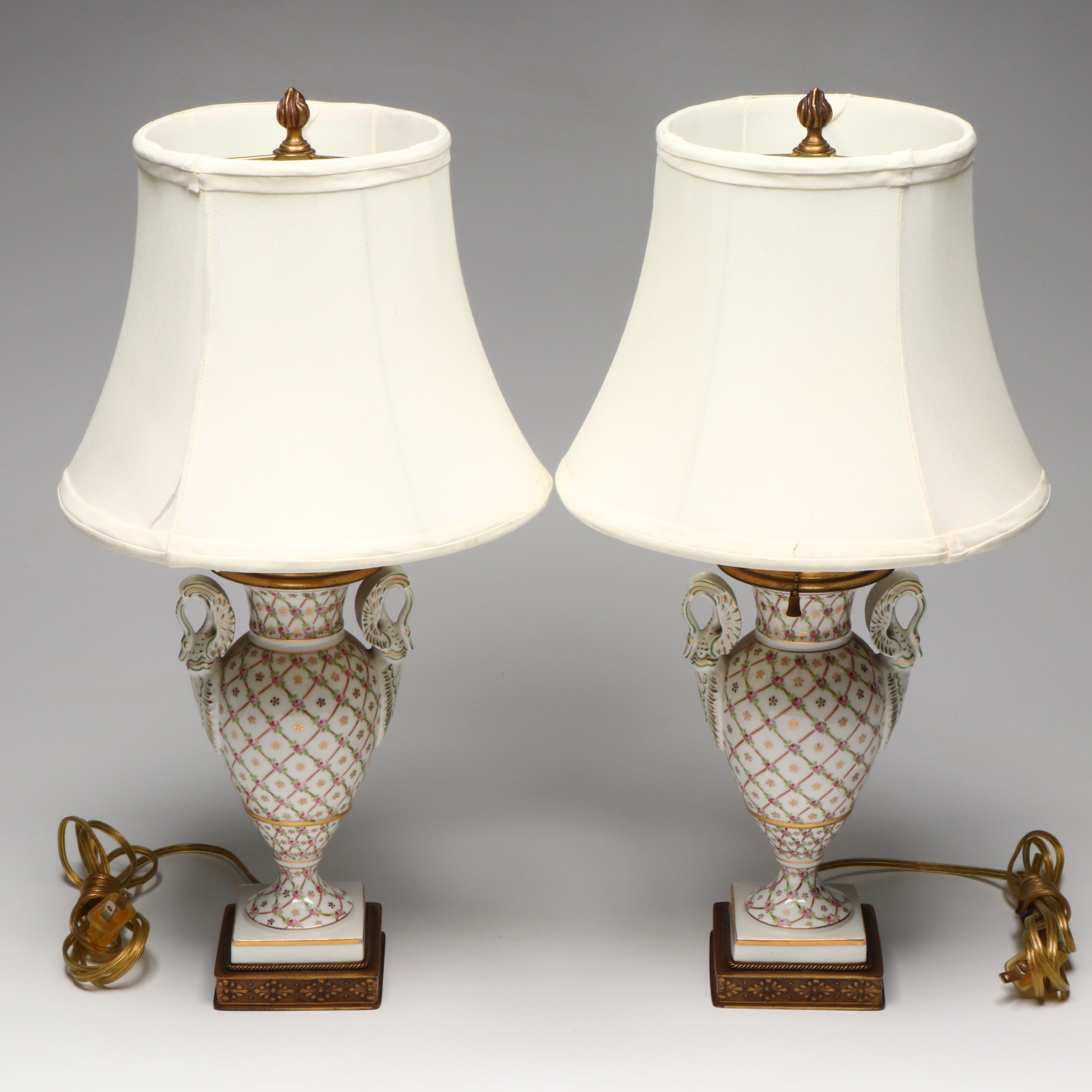 Hand-Painted Porcelain Neoclassical Amphora Table Lamps with Fabric Shades