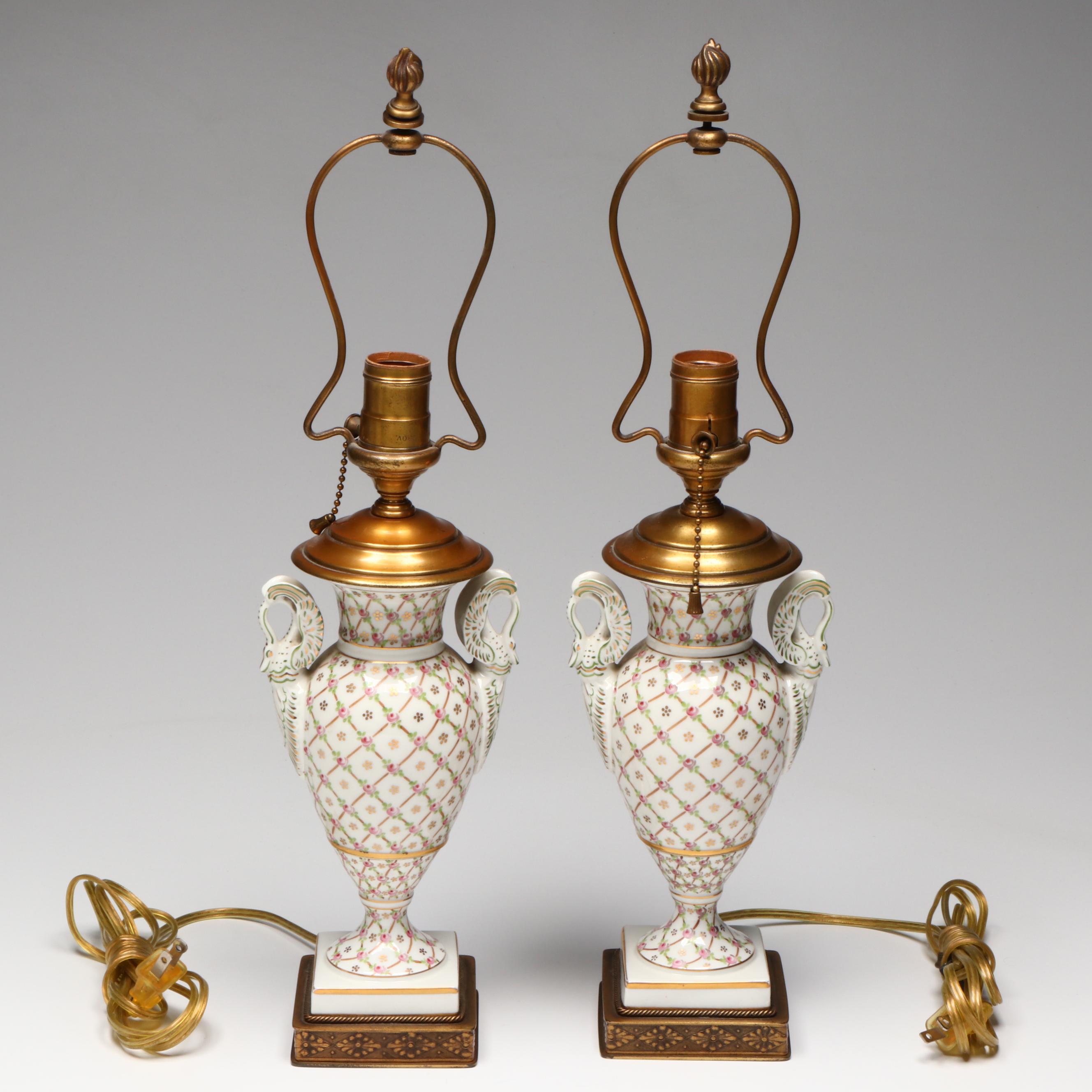 Hand-Painted Porcelain Neoclassical Amphora Table Lamps with Fabric Shades