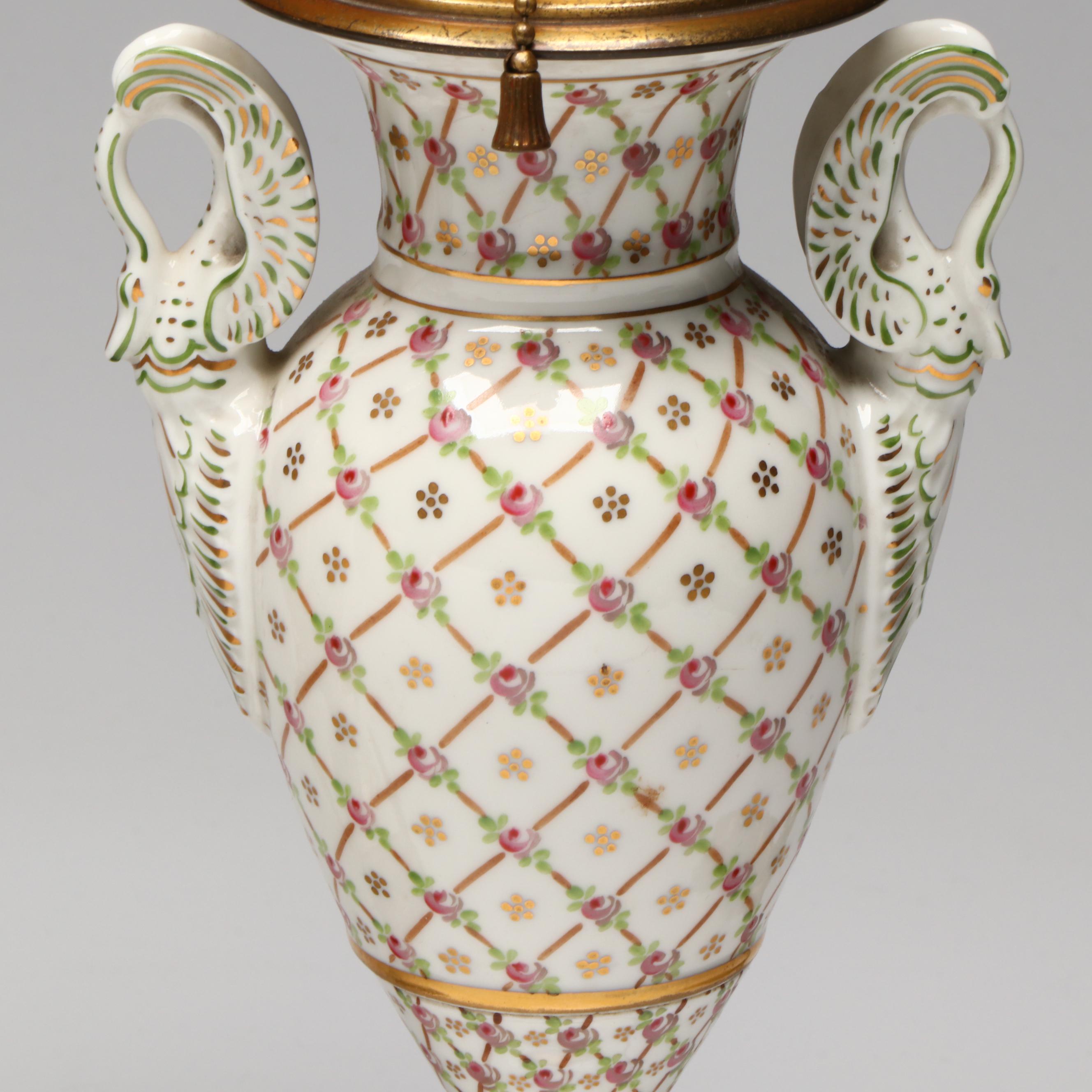 Hand-Painted Porcelain Neoclassical Amphora Table Lamps with Fabric Shades