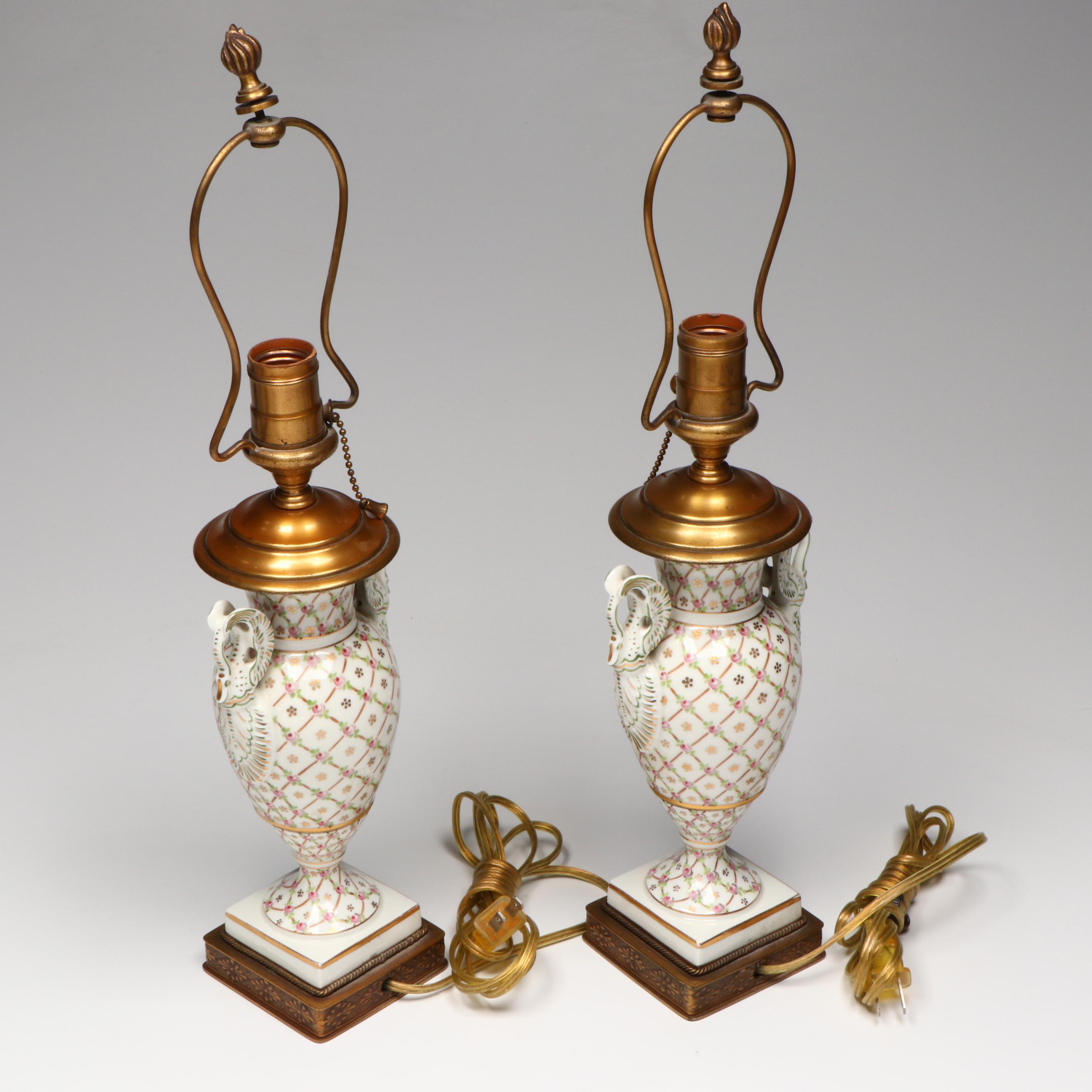 Hand-Painted Porcelain Neoclassical Amphora Table Lamps with Fabric Shades