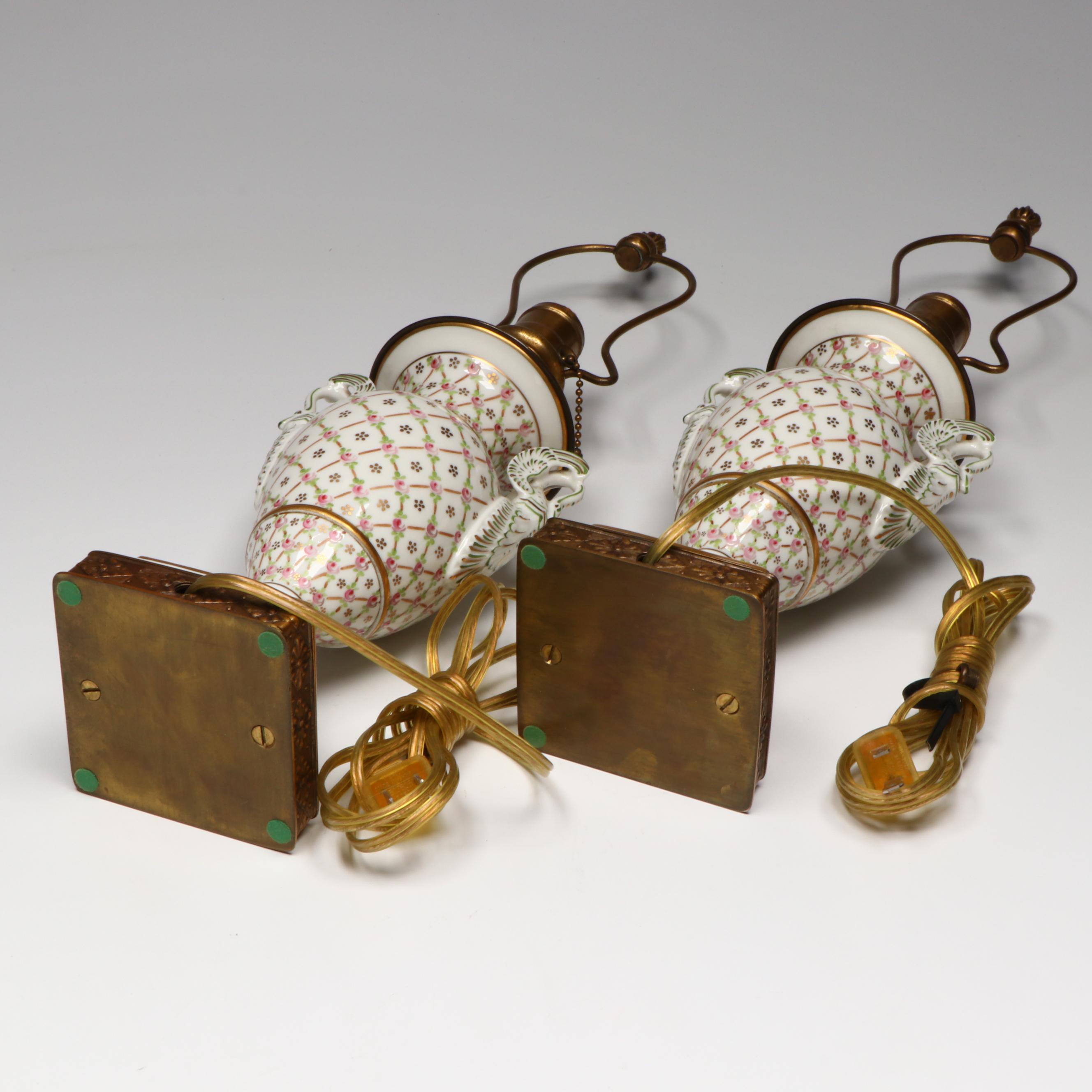 Hand-Painted Porcelain Neoclassical Amphora Table Lamps with Fabric Shades