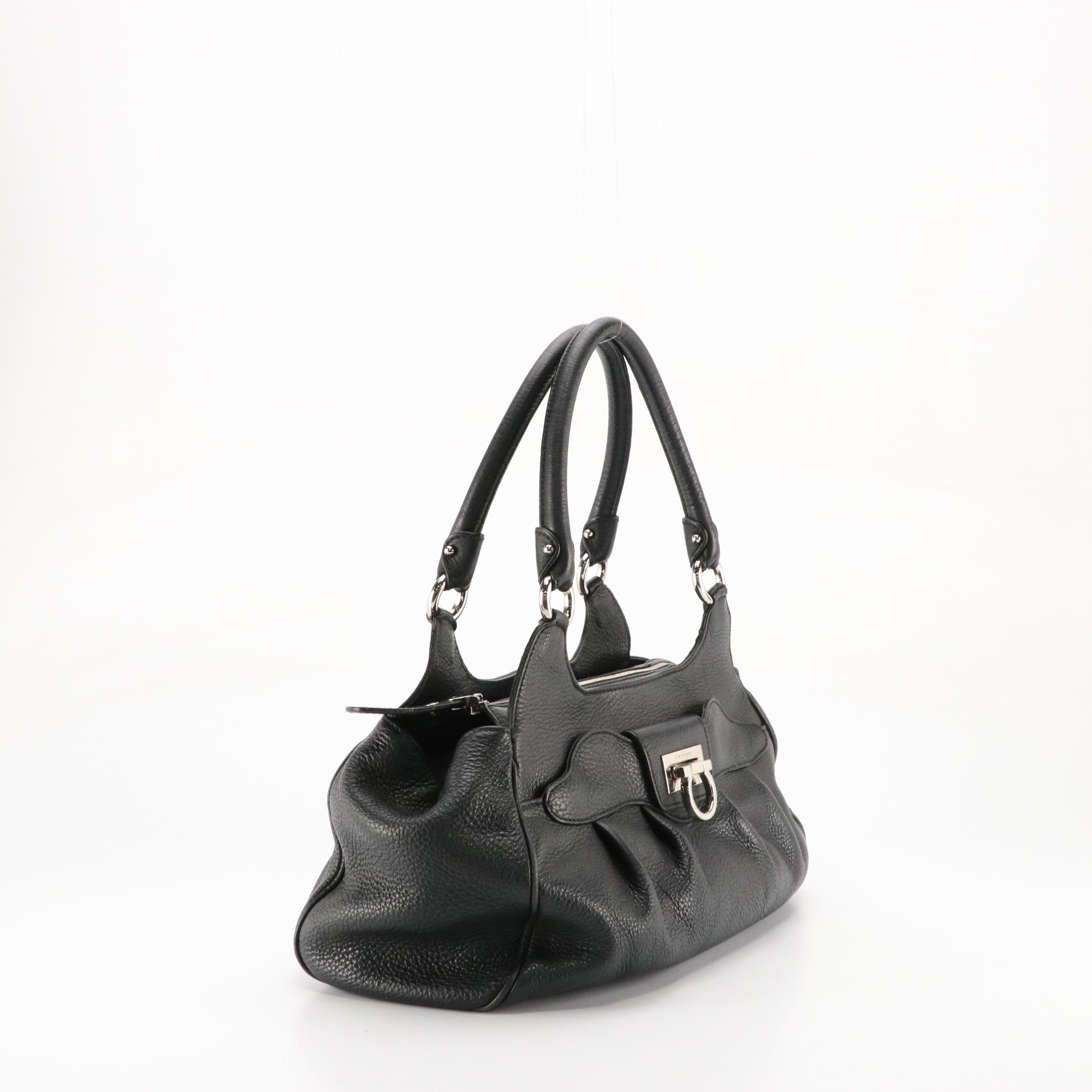 Salvatore Ferragamo Marisa Shoulder Satchel in Black Grained Calfskin Leather