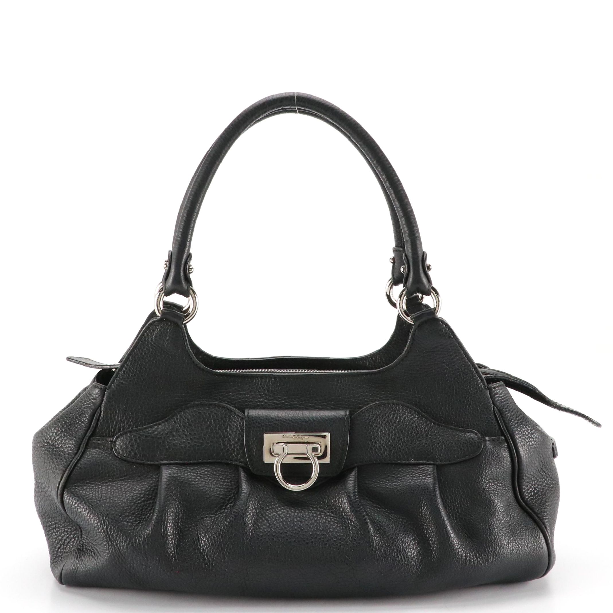 Salvatore Ferragamo Marisa Shoulder Satchel in Black Grained Calfskin Leather