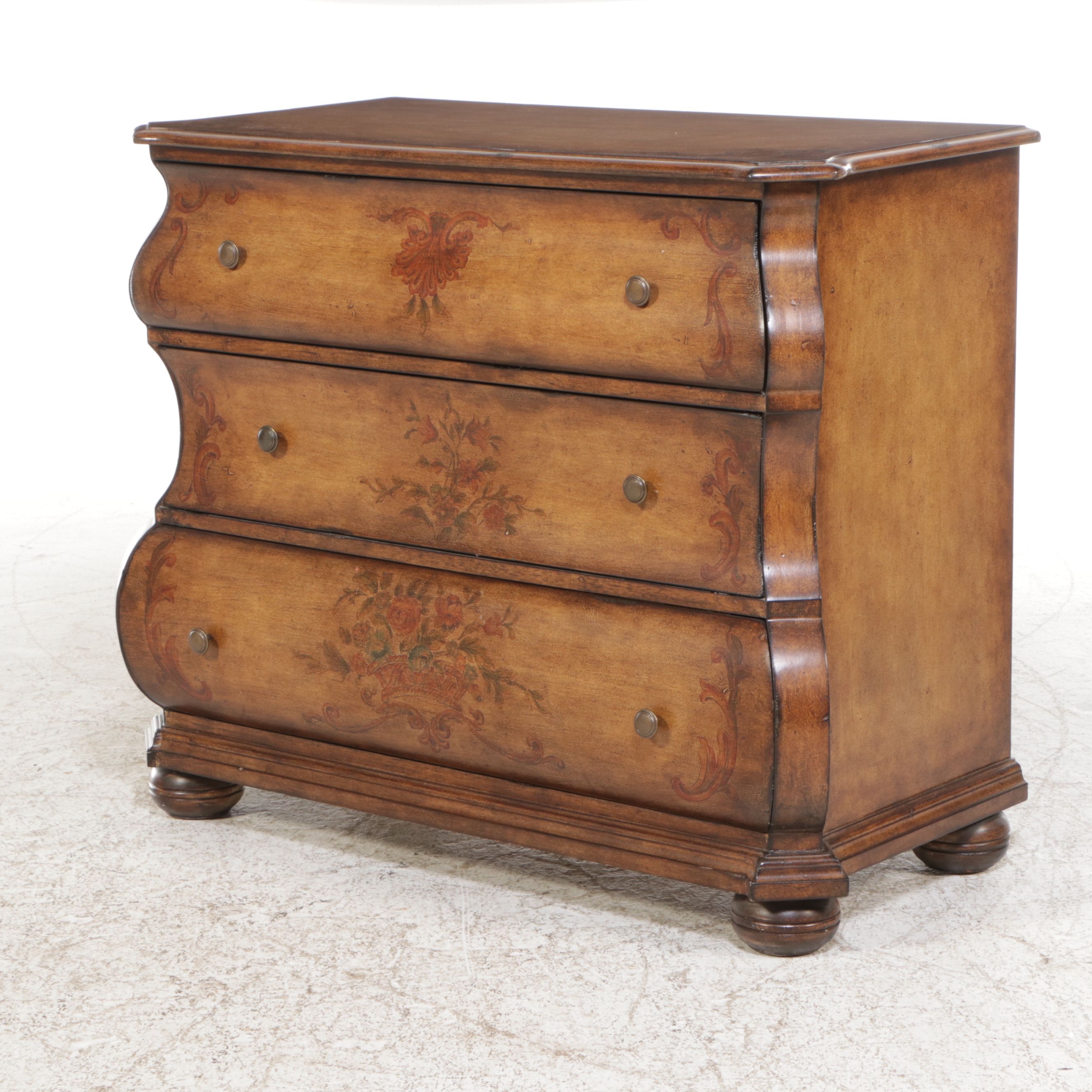 French Provincial Style Paint-Decorated Wood Bombé Chest