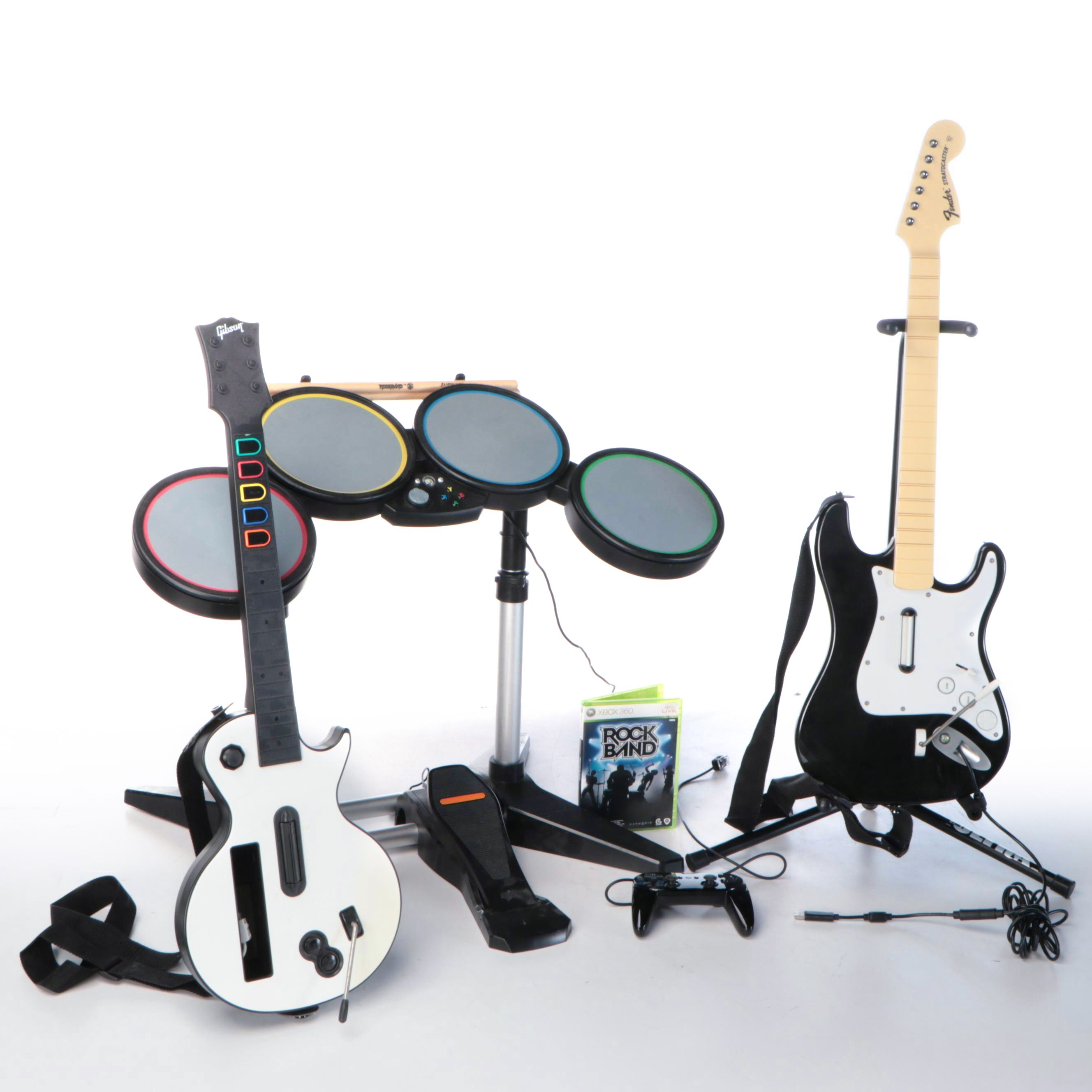 Xbox 360 Rock Band Video Game, Guitars, and Drum Kit