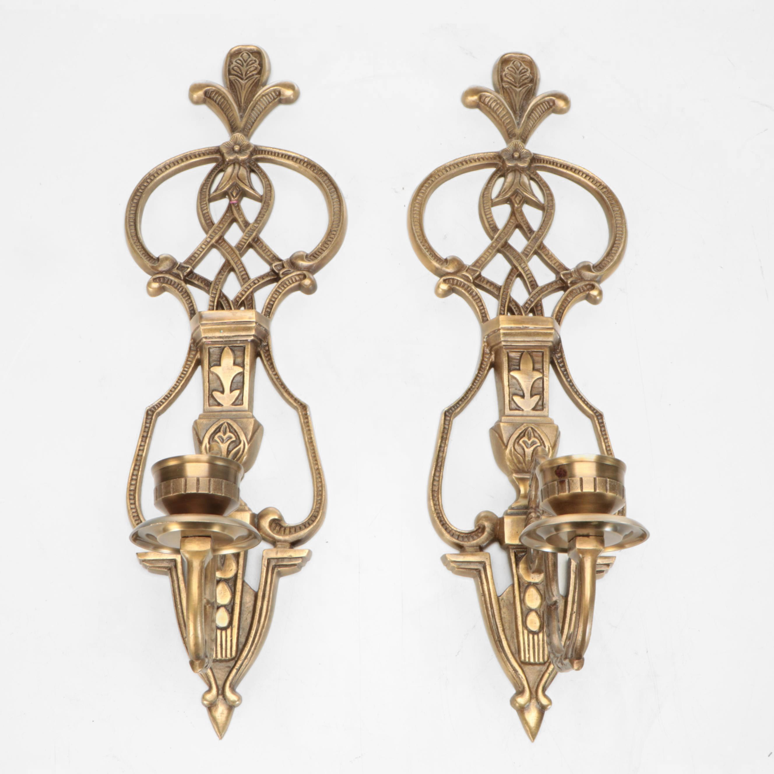 French Empire Style Cast Brass Wall Candle Sconces, Vintage