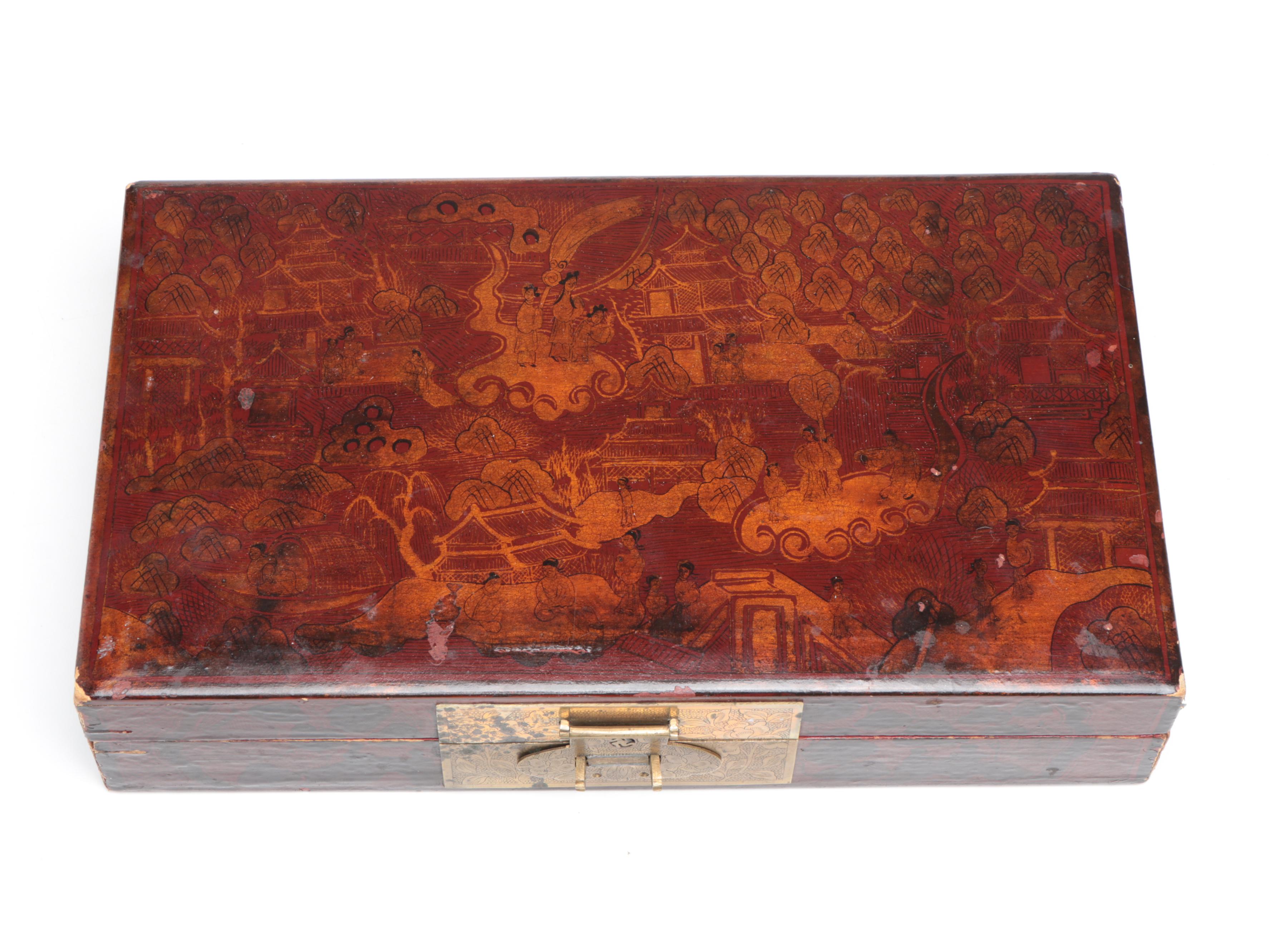 Chinese Buddhist Red Lacquerware Decorative Box with Etched Brass Hardware