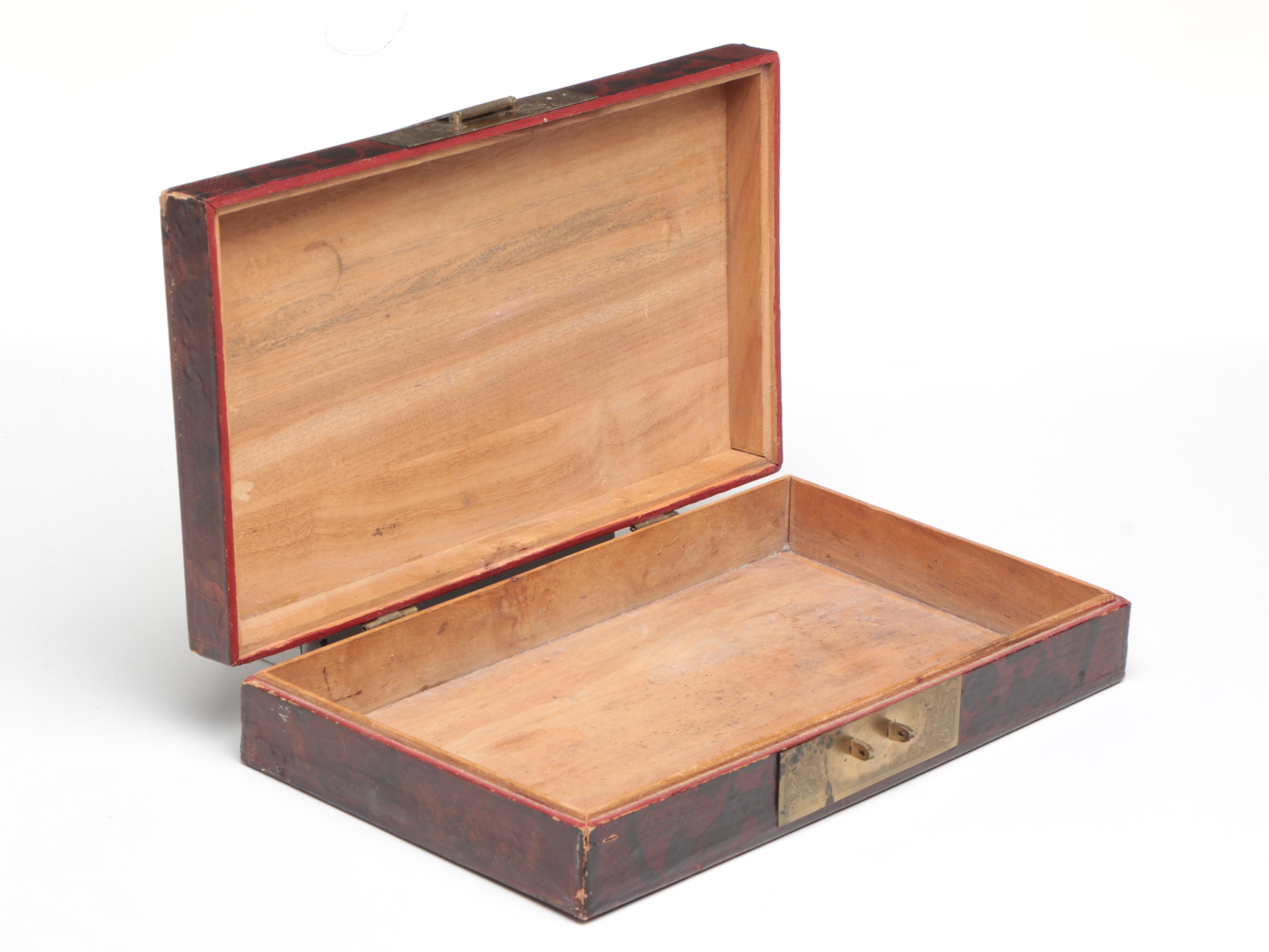 Chinese Buddhist Red Lacquerware Decorative Box with Etched Brass Hardware