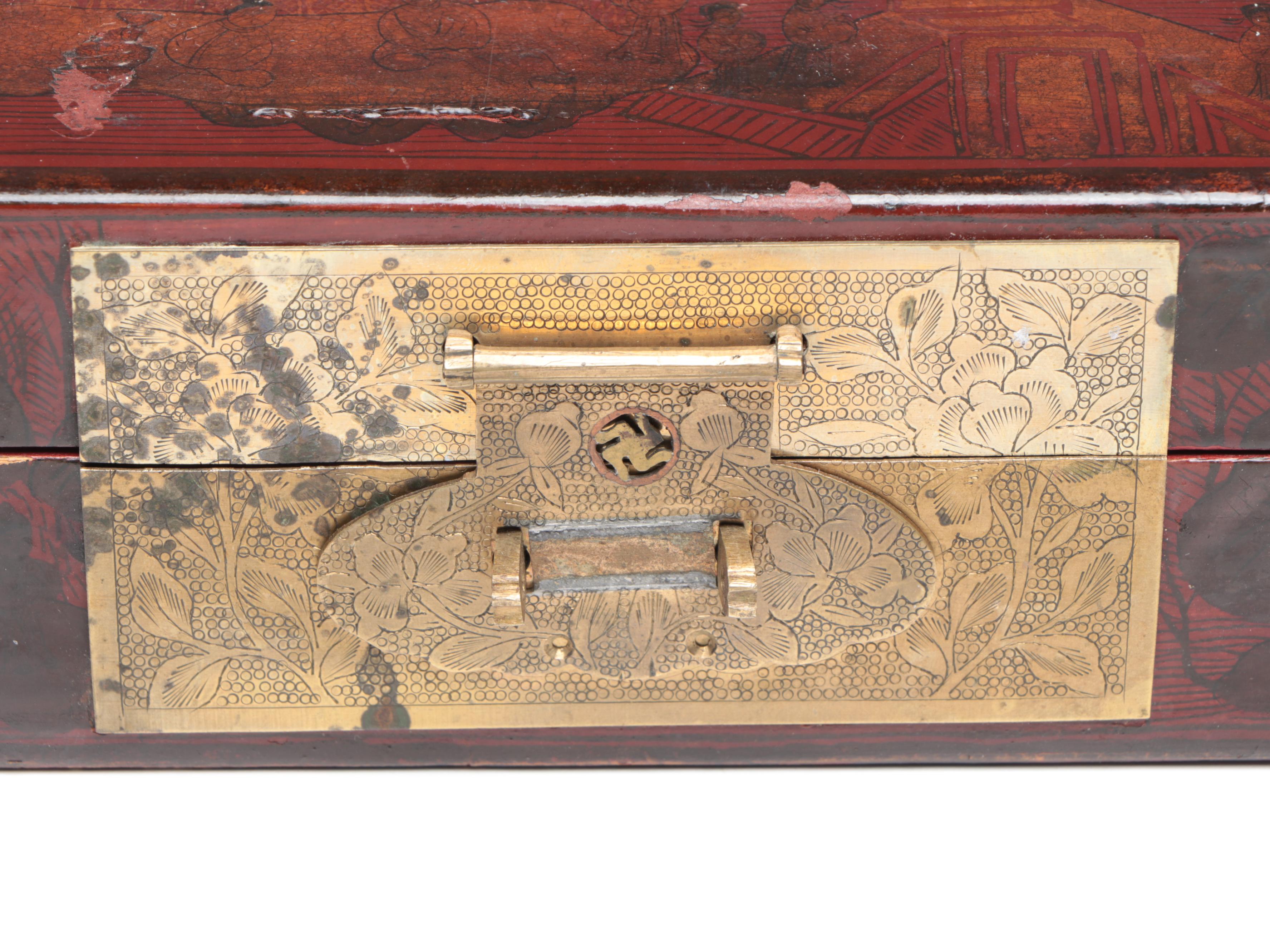 Chinese Buddhist Red Lacquerware Decorative Box with Etched Brass Hardware