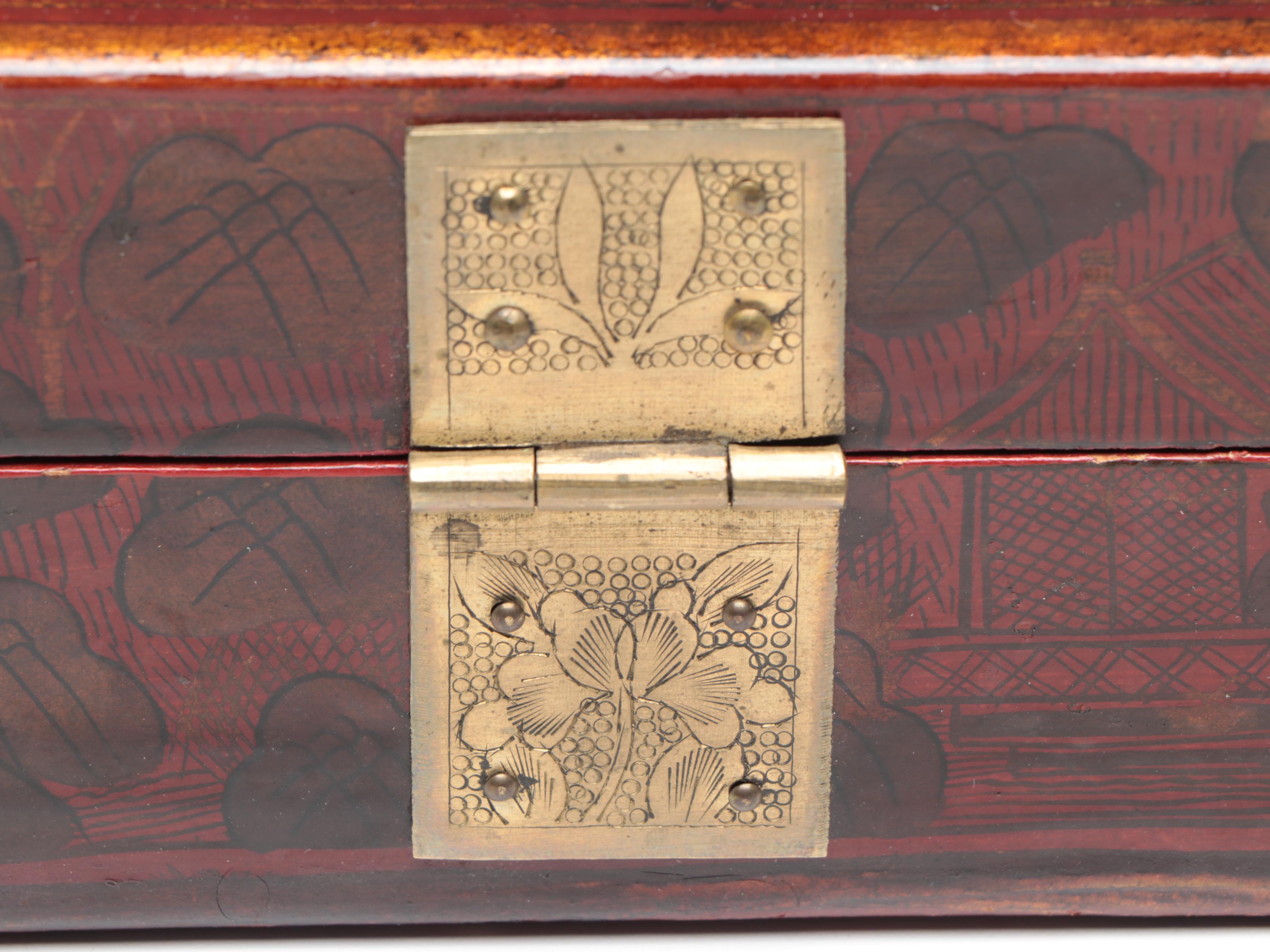 Chinese Buddhist Red Lacquerware Decorative Box with Etched Brass Hardware