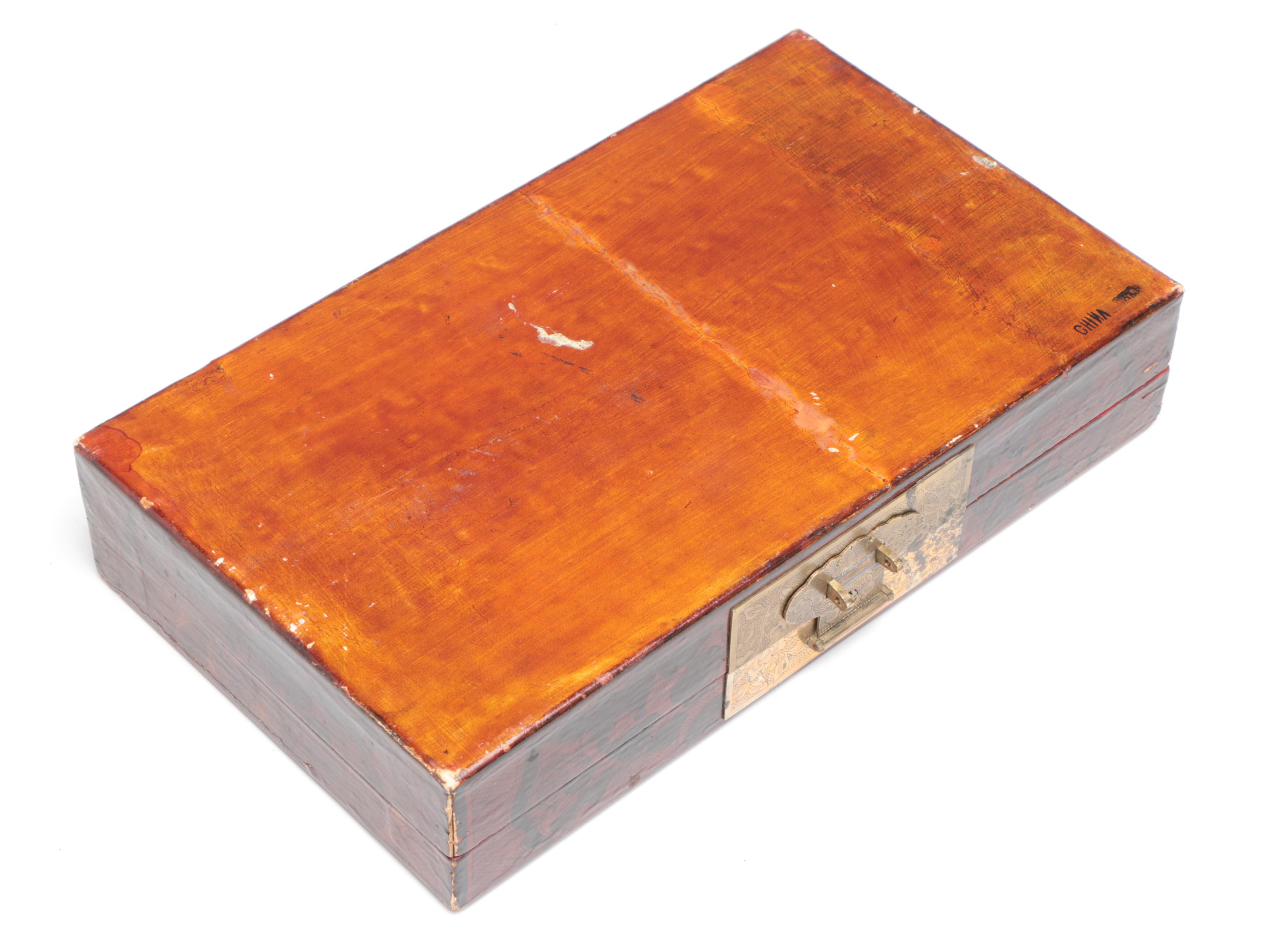 Chinese Buddhist Red Lacquerware Decorative Box with Etched Brass Hardware