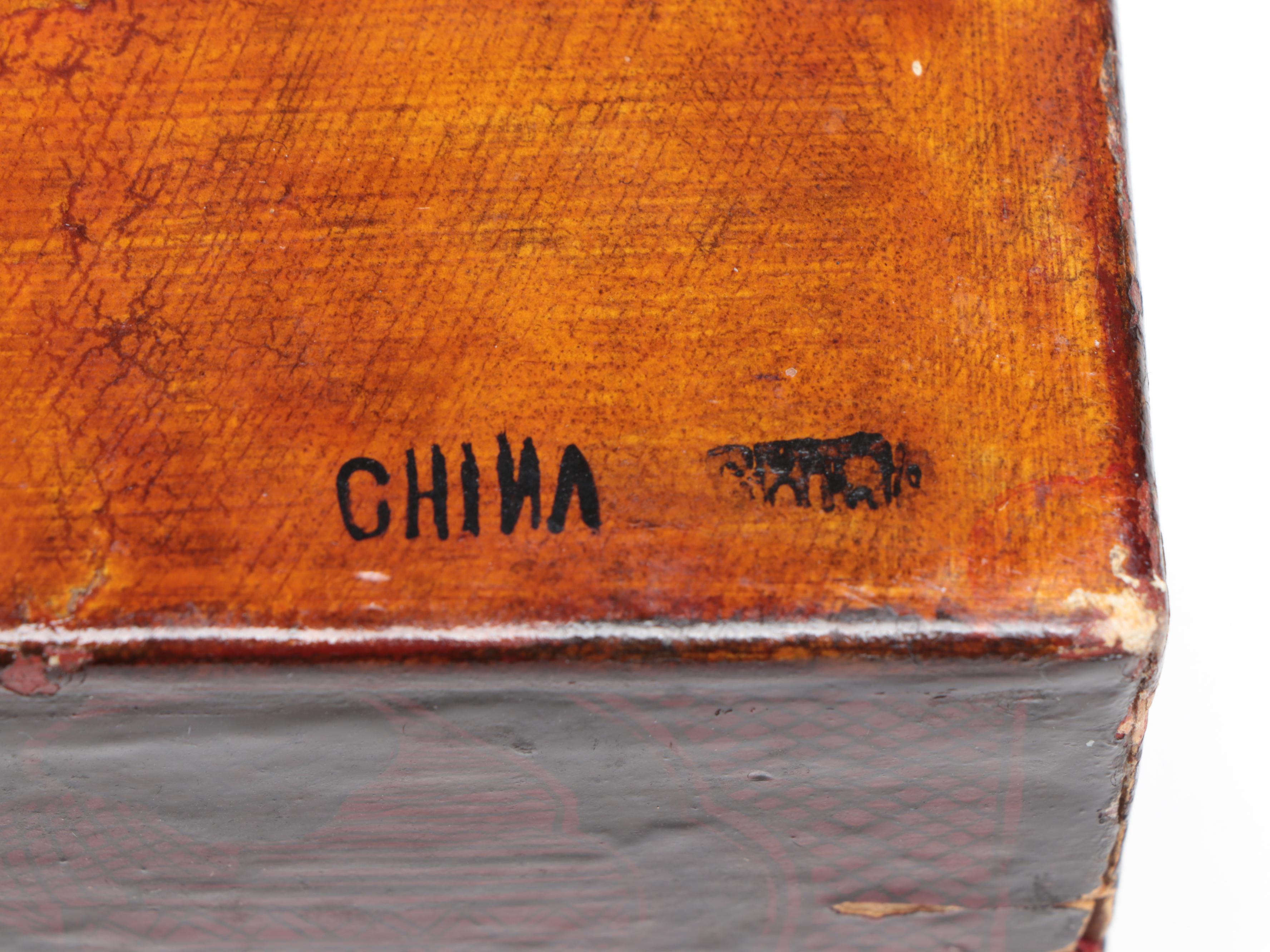 Chinese Buddhist Red Lacquerware Decorative Box with Etched Brass Hardware