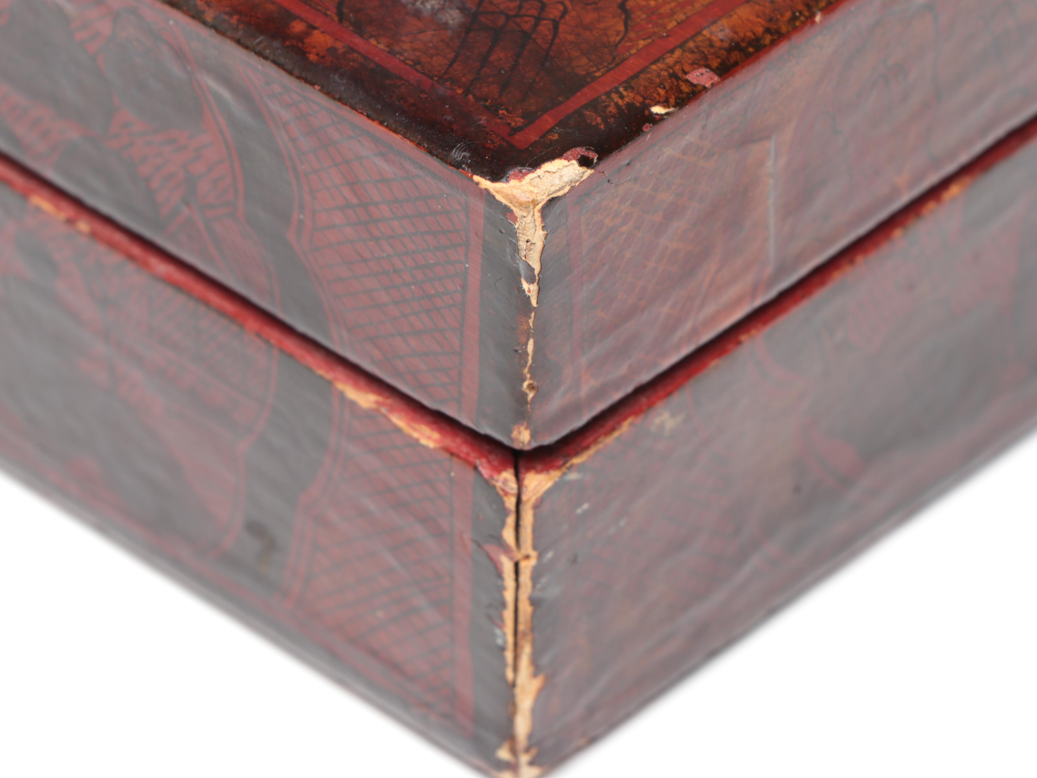 Chinese Buddhist Red Lacquerware Decorative Box with Etched Brass Hardware